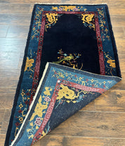 Antique Chinese Peking Rug 3x6, Dark Blue, Bird Motif, Handmade Wool Art Deco Asian Oriental Carpet, Pair A