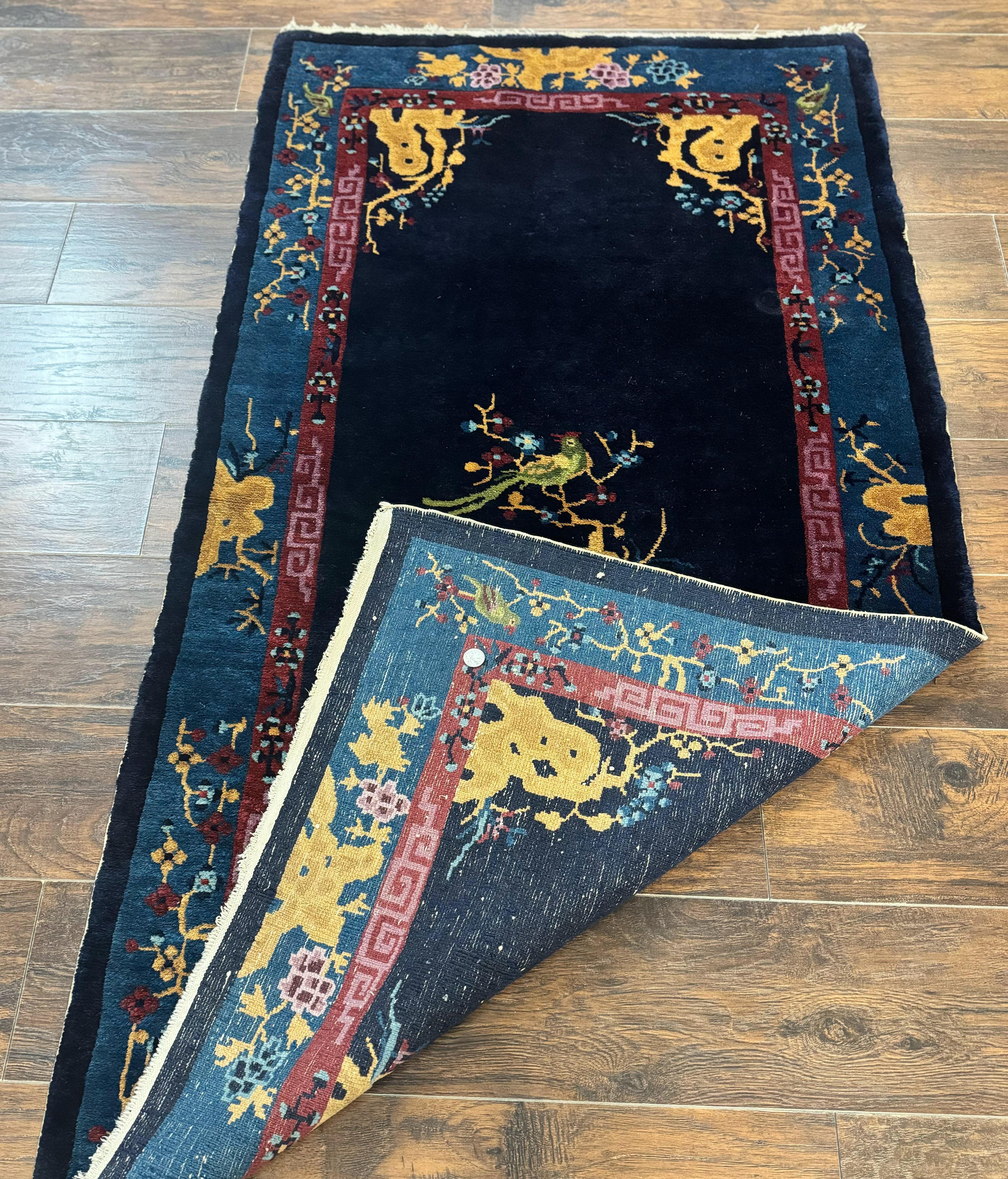 Antique Chinese Peking Rug 3x6, Dark Blue, Bird Motif, Handmade Wool Art Deco Asian Oriental Carpet, Pair A