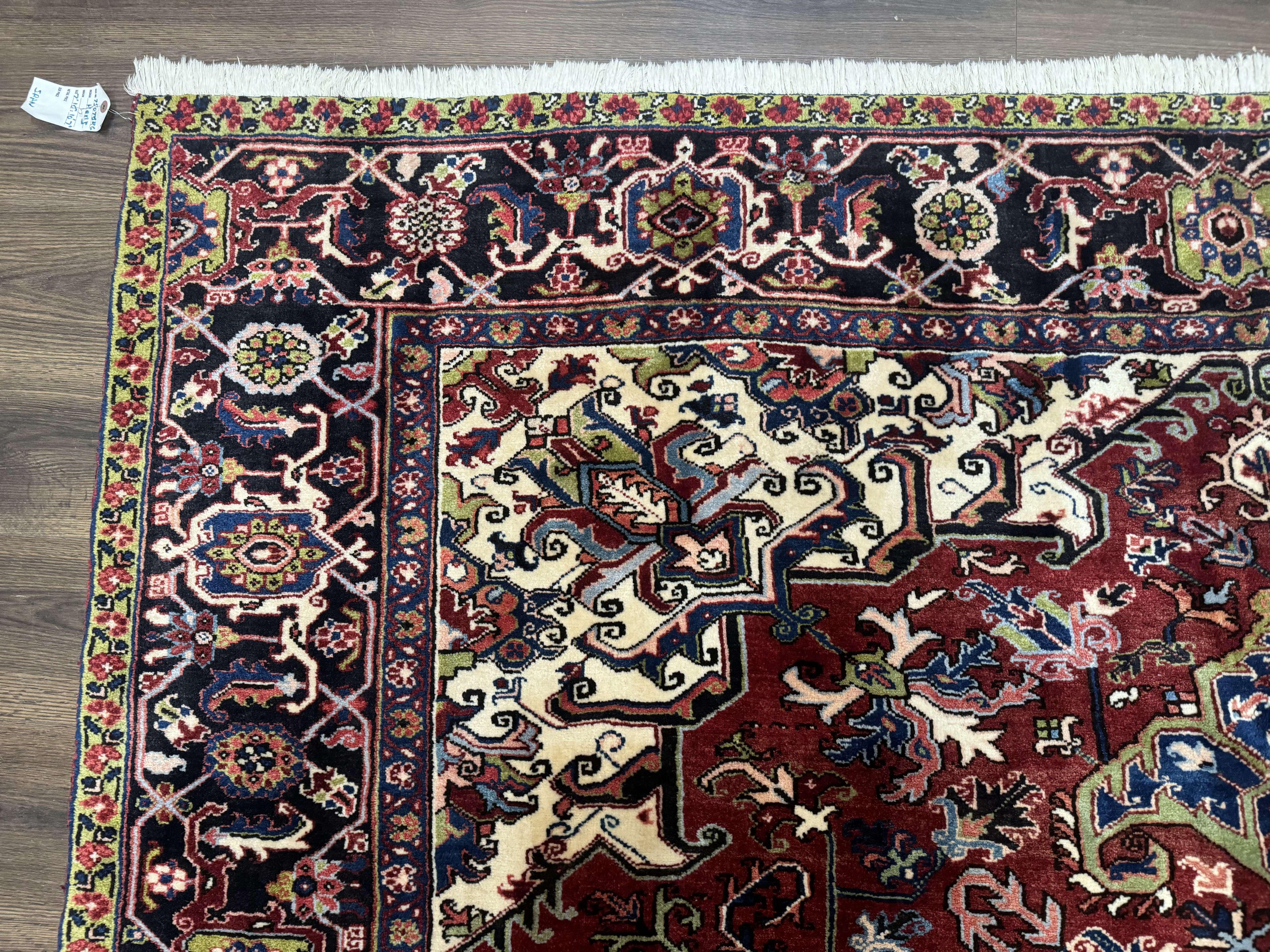 Antique Persian Heriz Rug 8x11, Geometric Tribal Wool Carpet, Brick Red