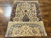 Antique Persian Kirman Rug 4x7, Cream and Navy Blue, Hand Knotted Wool Floral Carpet