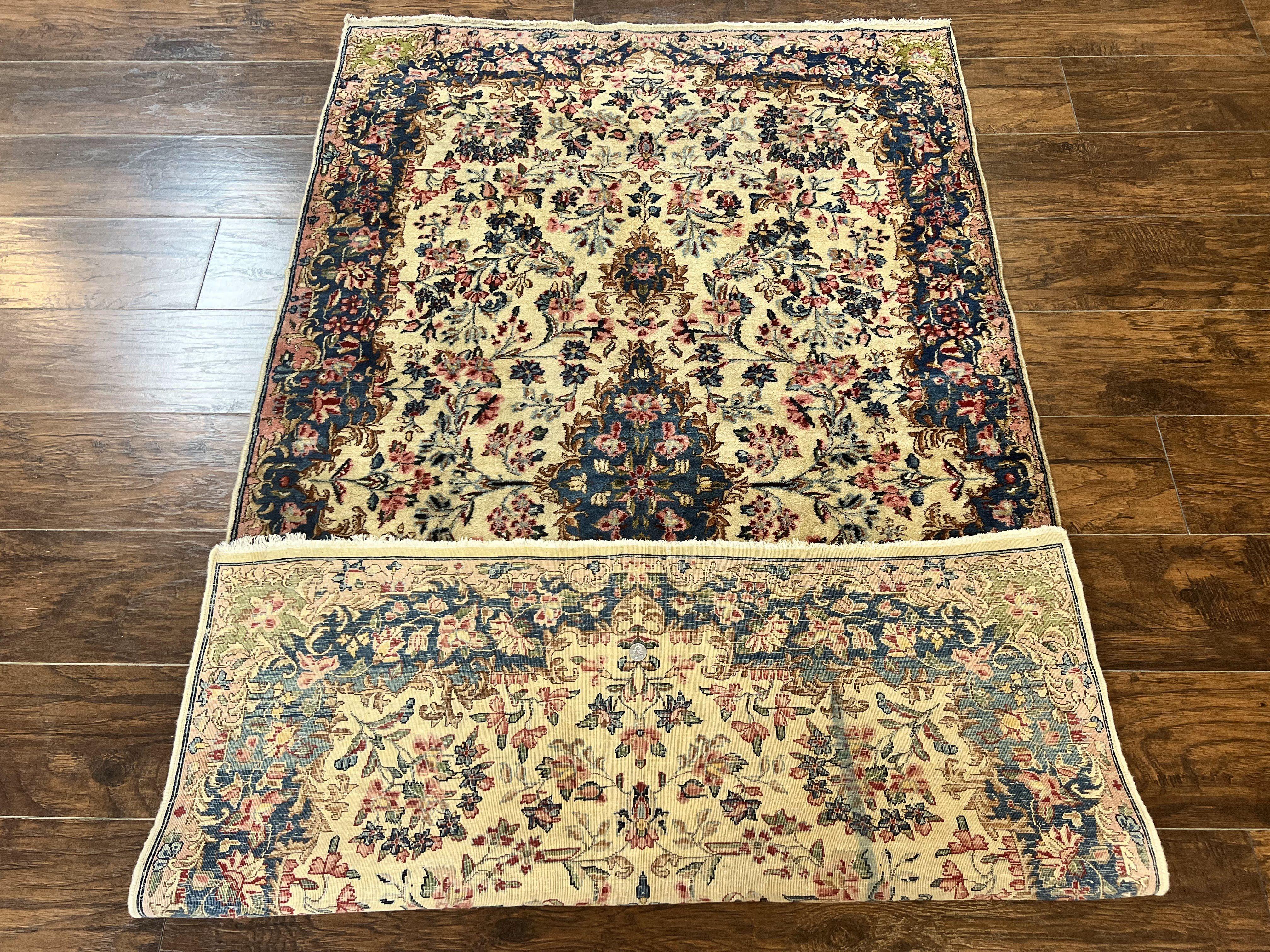 Antique Persian Kirman Rug 4x7, Cream and Navy Blue, Hand Knotted Wool Floral Carpet