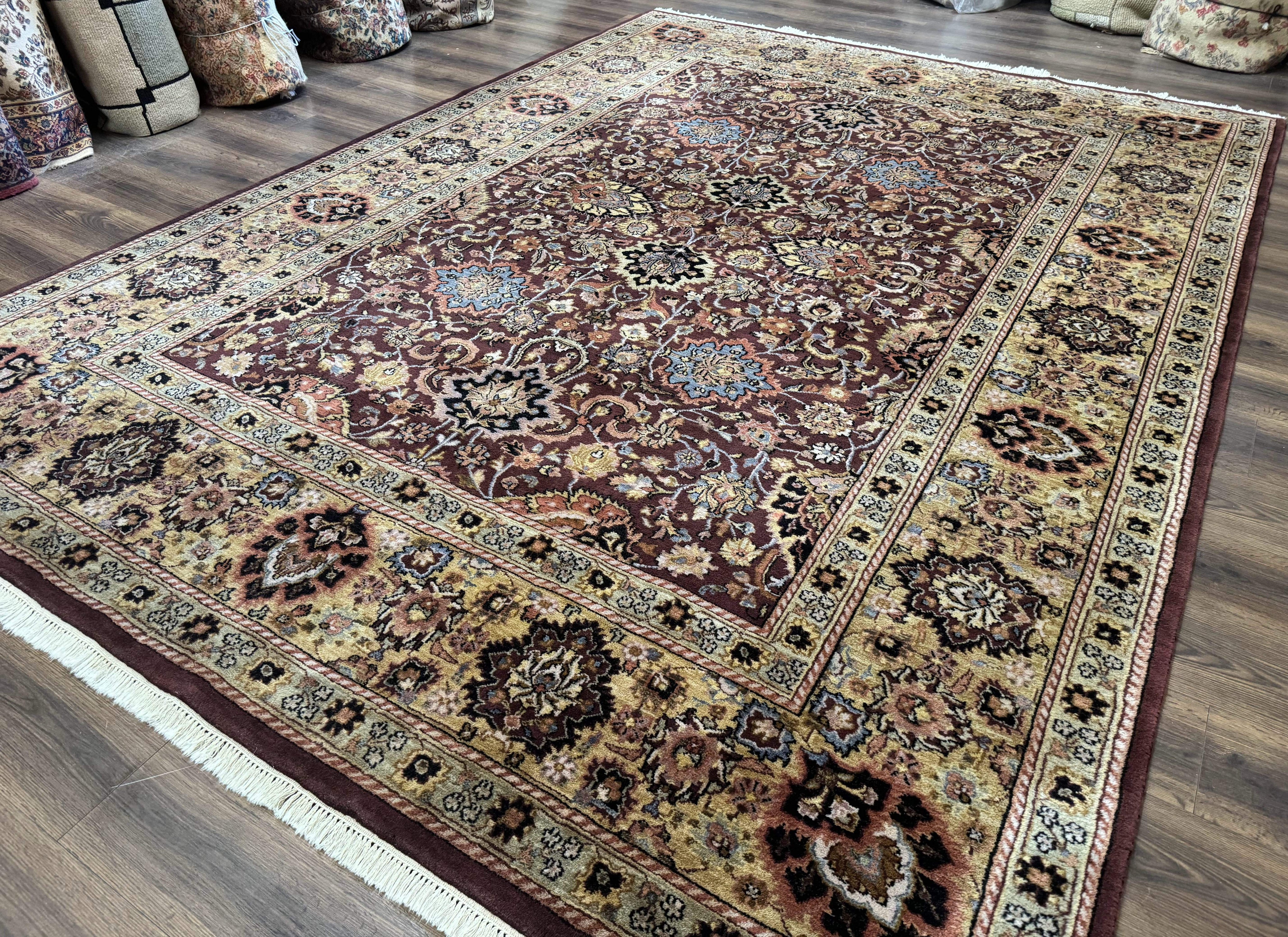 Indo Persian Rug 8x11, Eggplant & Tan, Allover Pattern, Wool Couristan Handmade Rug