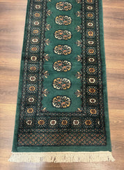 Pakistani Bokhara Runner Rug 2.5 x 11, Green Turkoman Wool Runner for Hallway