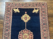 Antique Persian Mashad Rug 4x6, Semi Open Field, Navy Blue, Lion Pictorials, Triple Medallion, Dorokhsh Rug