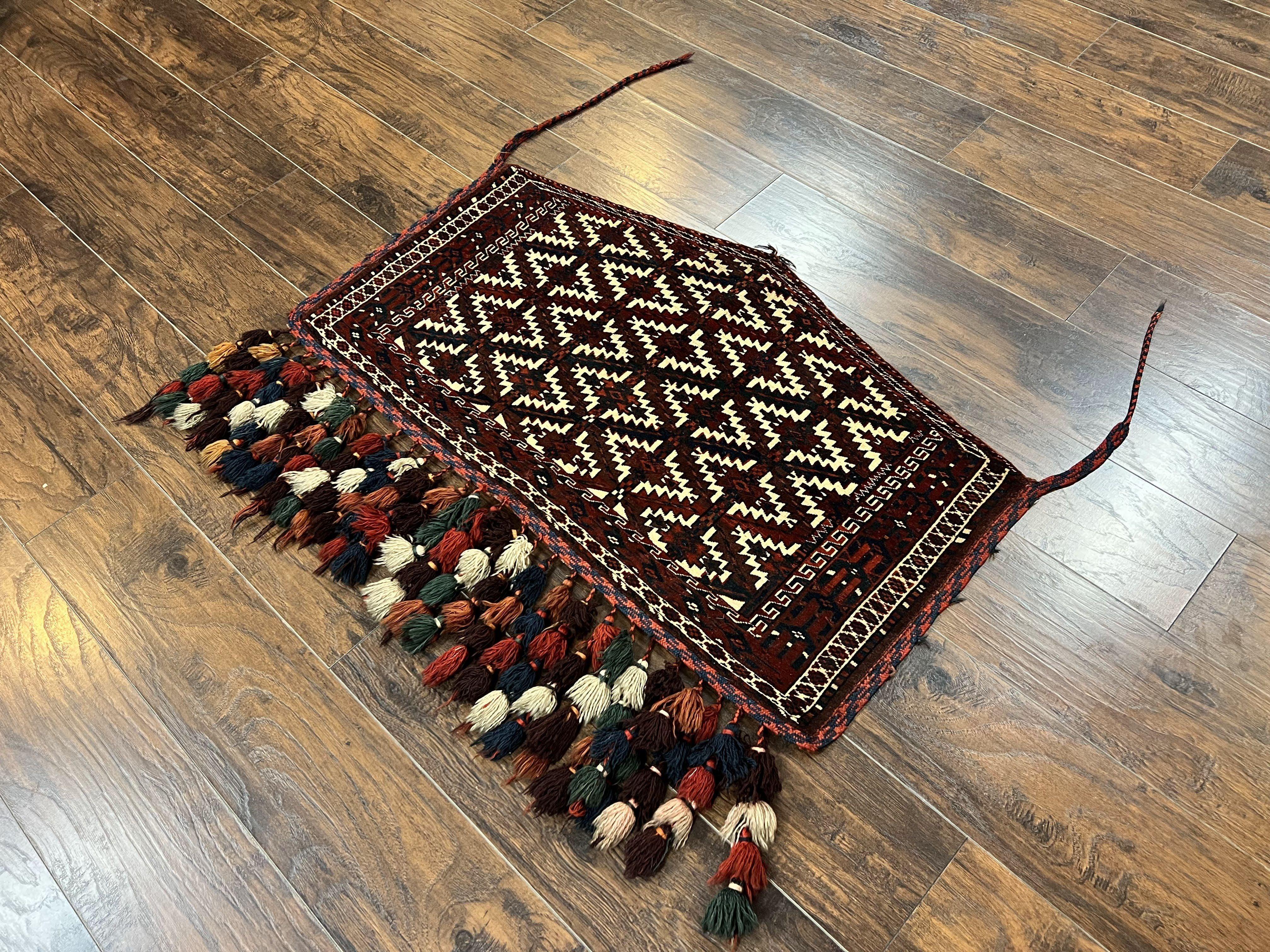 Antique Turkoman Camel Trapping, Turkoman Asmalyk, Red Black Ivory, Handmade, Hand Knotted Tribal Collectible Rug, Rare