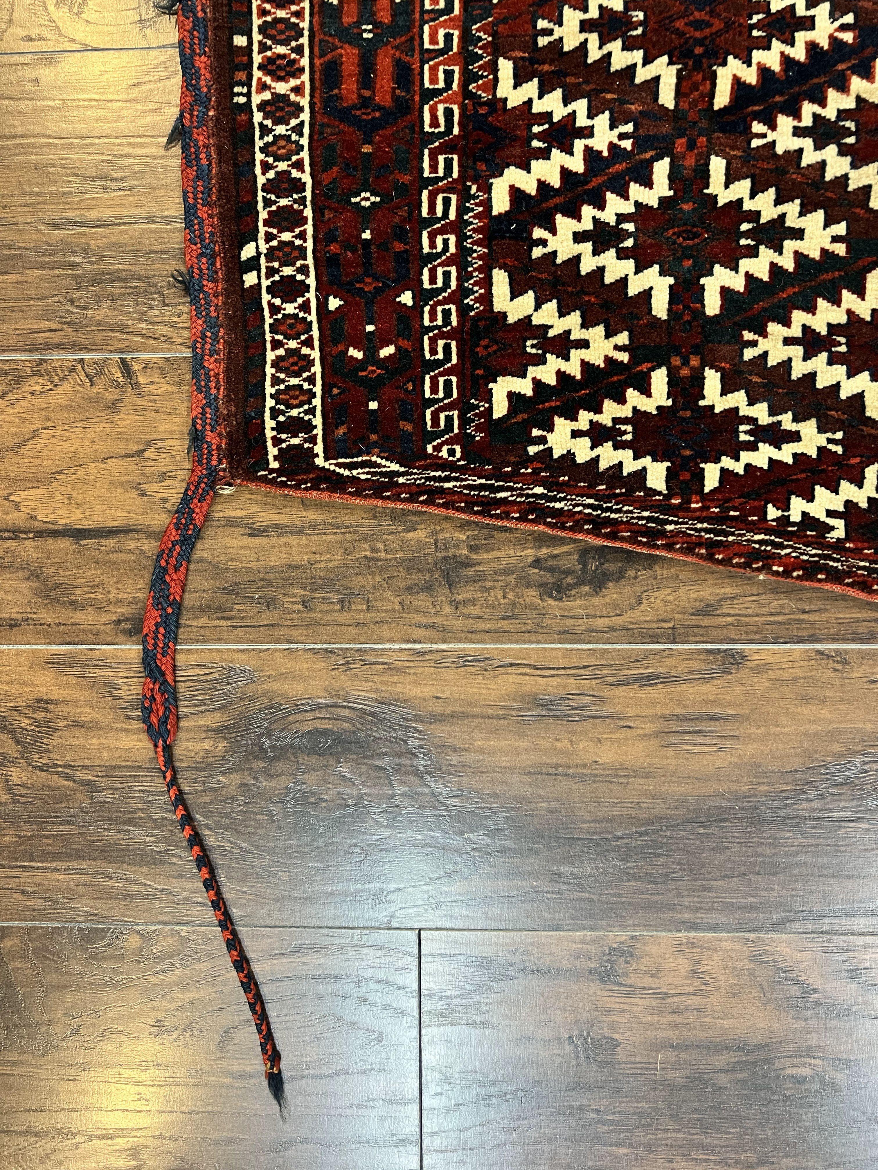 Antique Turkoman Camel Trapping, Turkoman Asmalyk, Red Black Ivory, Handmade, Hand Knotted Tribal Collectible Rug, Rare