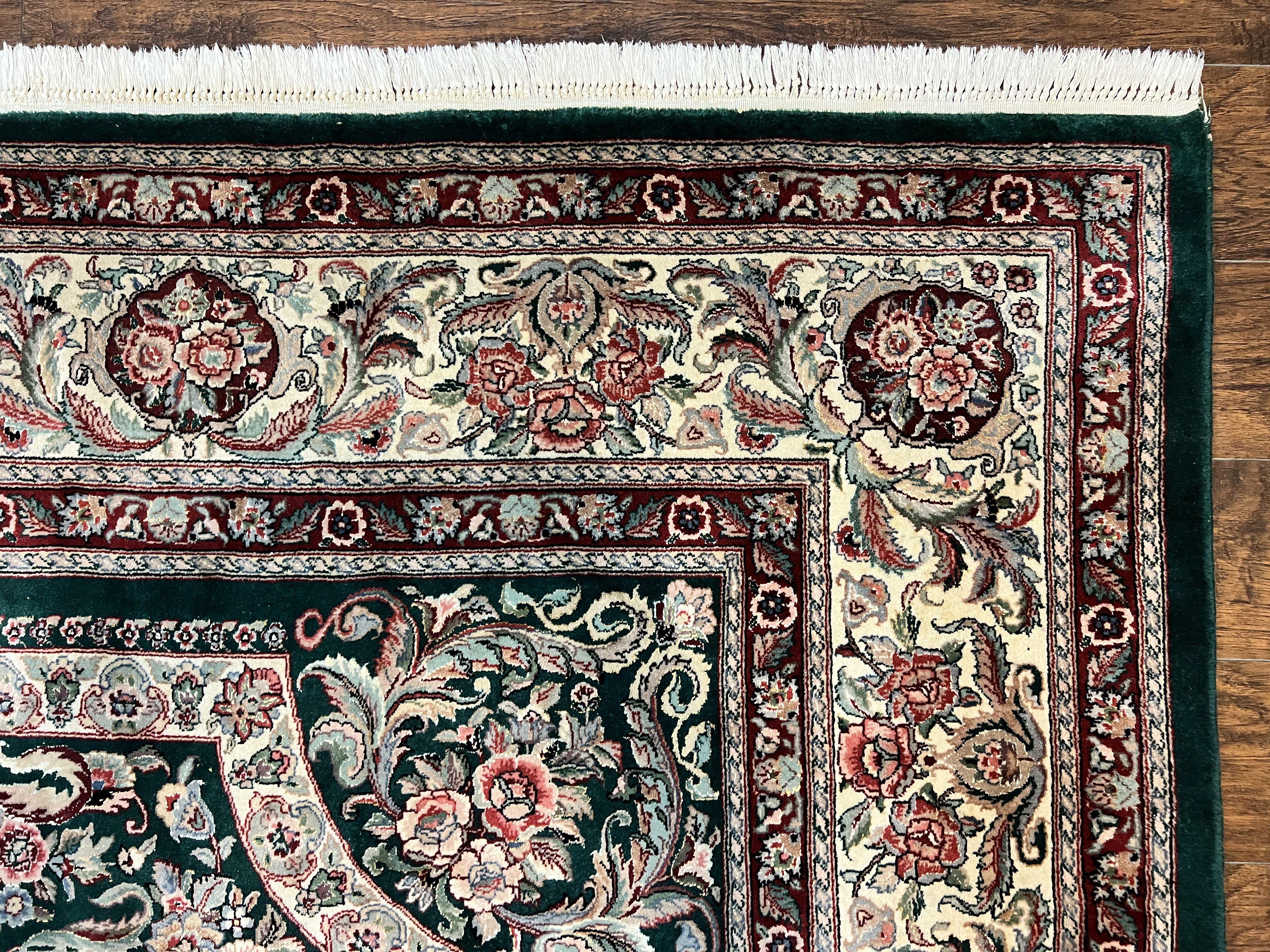 Pak Persian Rug 9x12, Dark Green and Cream, Floral Medallion, Elegant Handmade Wool Carpet 9 x 12