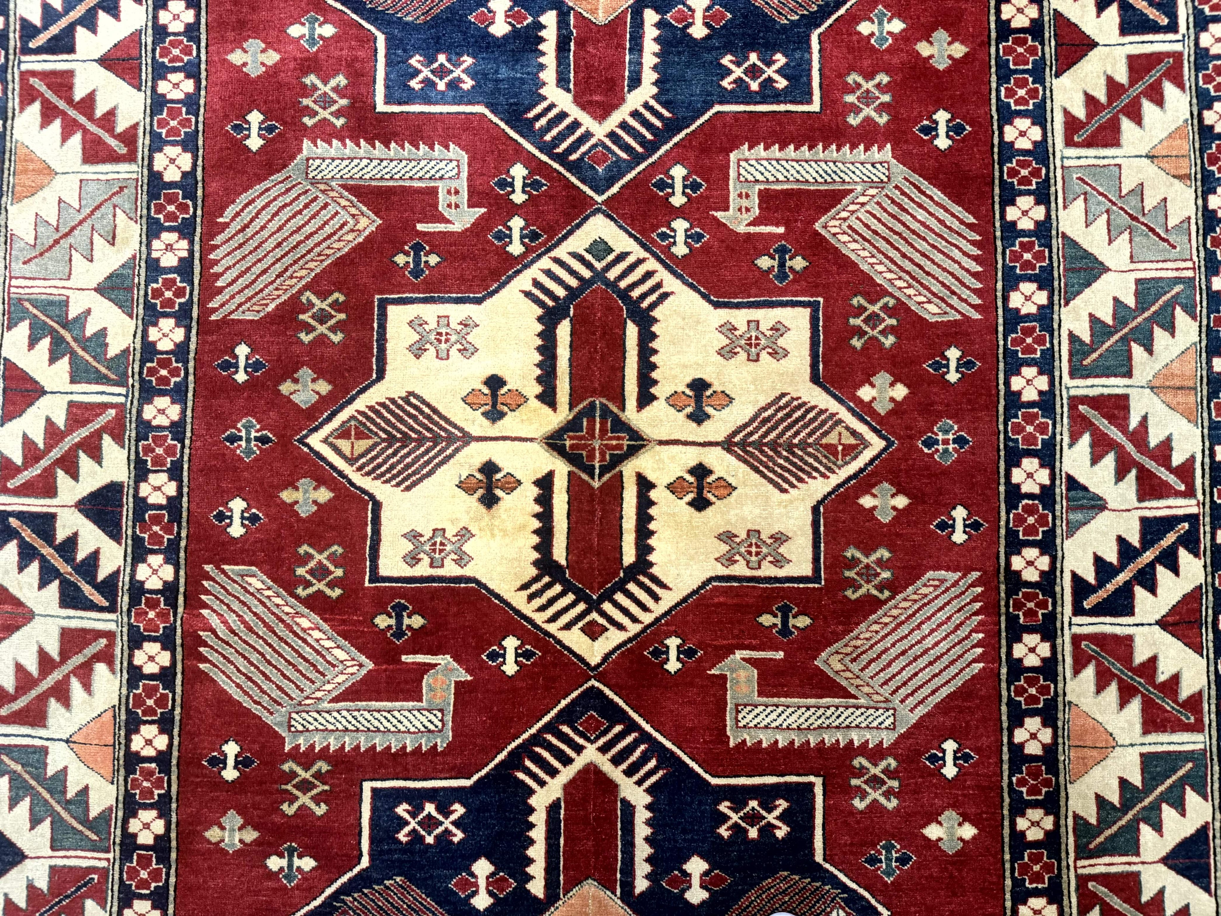 Turkish Kazak Rug 6x8, Caucasian Design, Geometric Medallions, Red Blue Beige