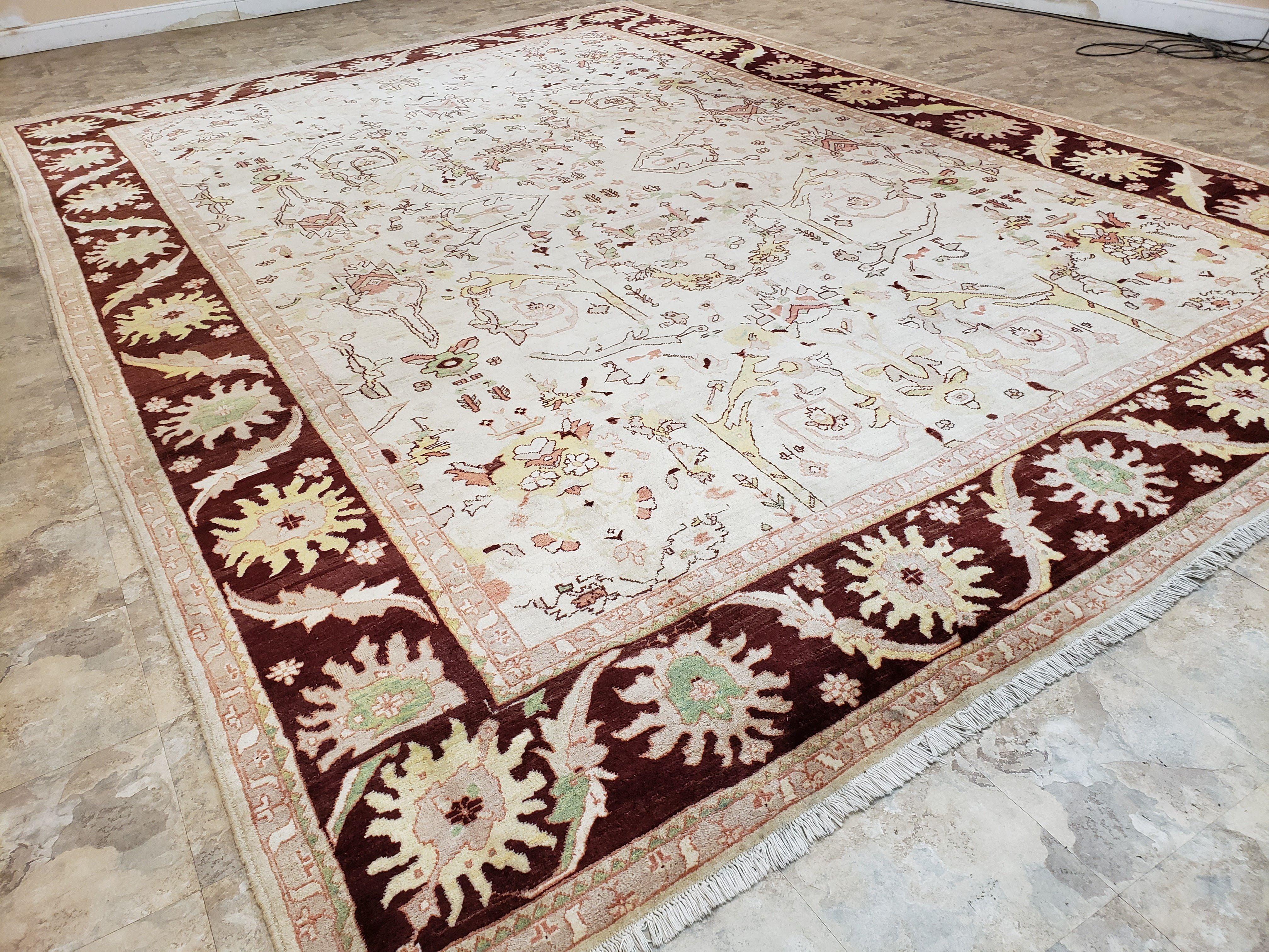 Beige and Maroon Peshawar Rug 10x15, Large Oushak Carpet, Pakistani Rug, Handmade Area Rug, Hand Knotted Rug, Living Room Rug, Nice Wool Rug