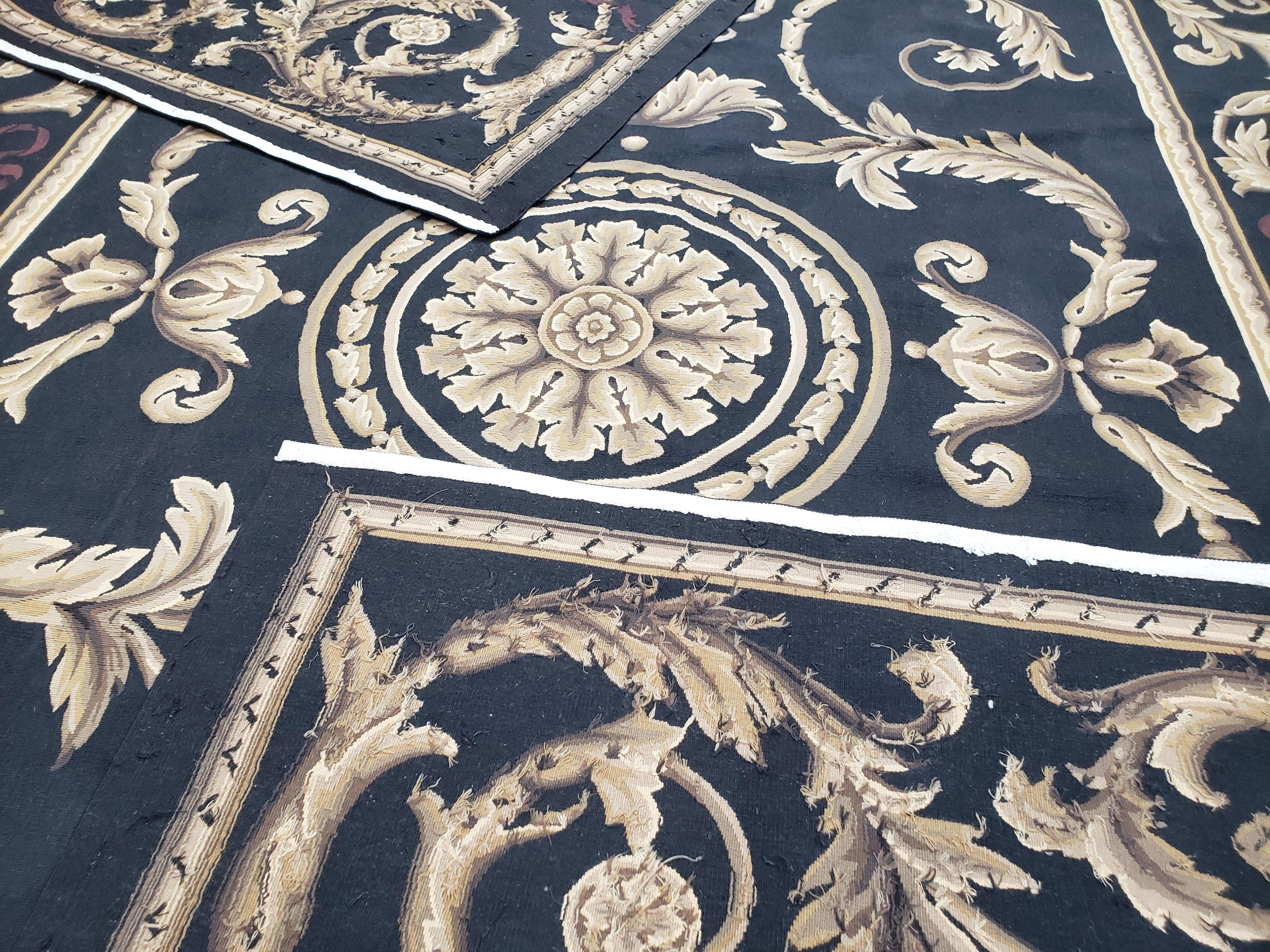 Black and Tan Aubusson Rug, 10 x 14 Aubusson Carpet, New Aubusson Rug, Elegant, Wool, Handmade Area Rug, Flatweave Rug, Large Aubusson Rug