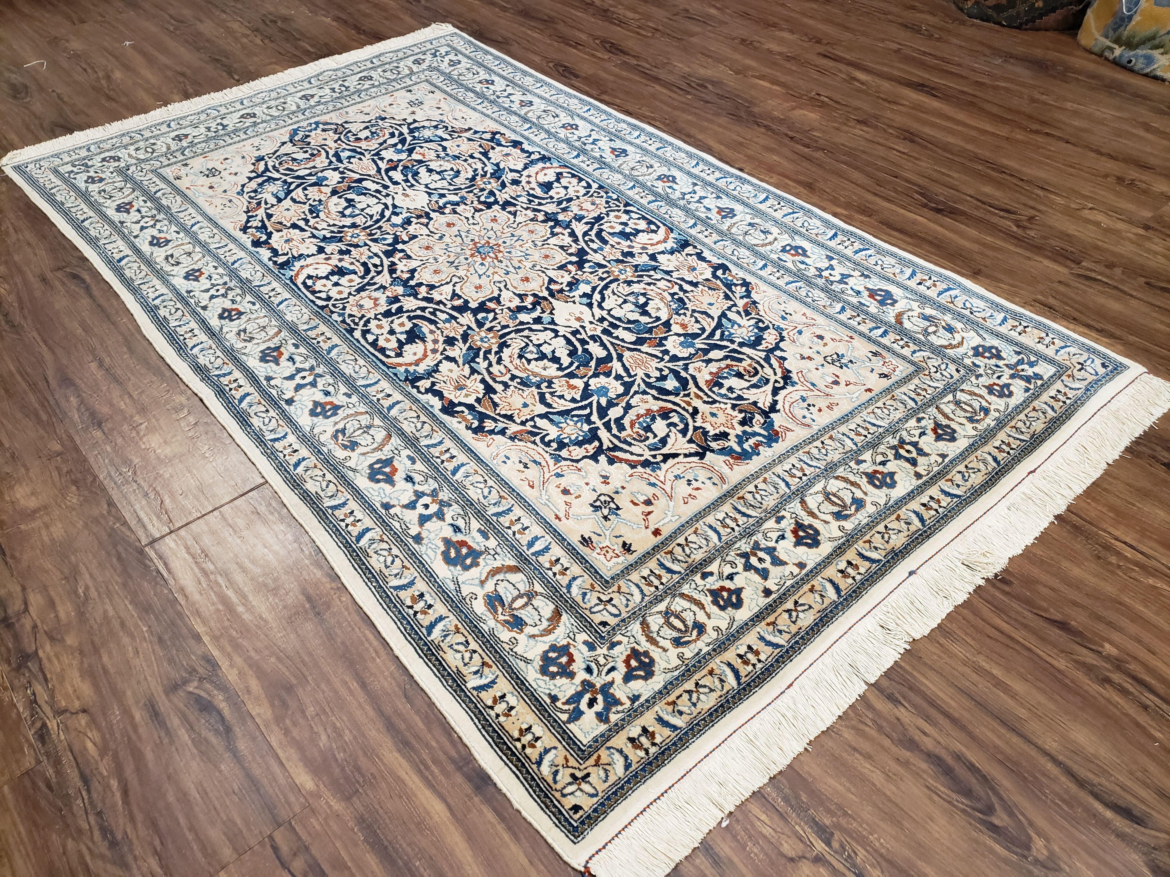 Semi Antique Fine Persian Nain Rug, Ivory & Blue, Wool with Silk Accents, 3'9" x 6'2"