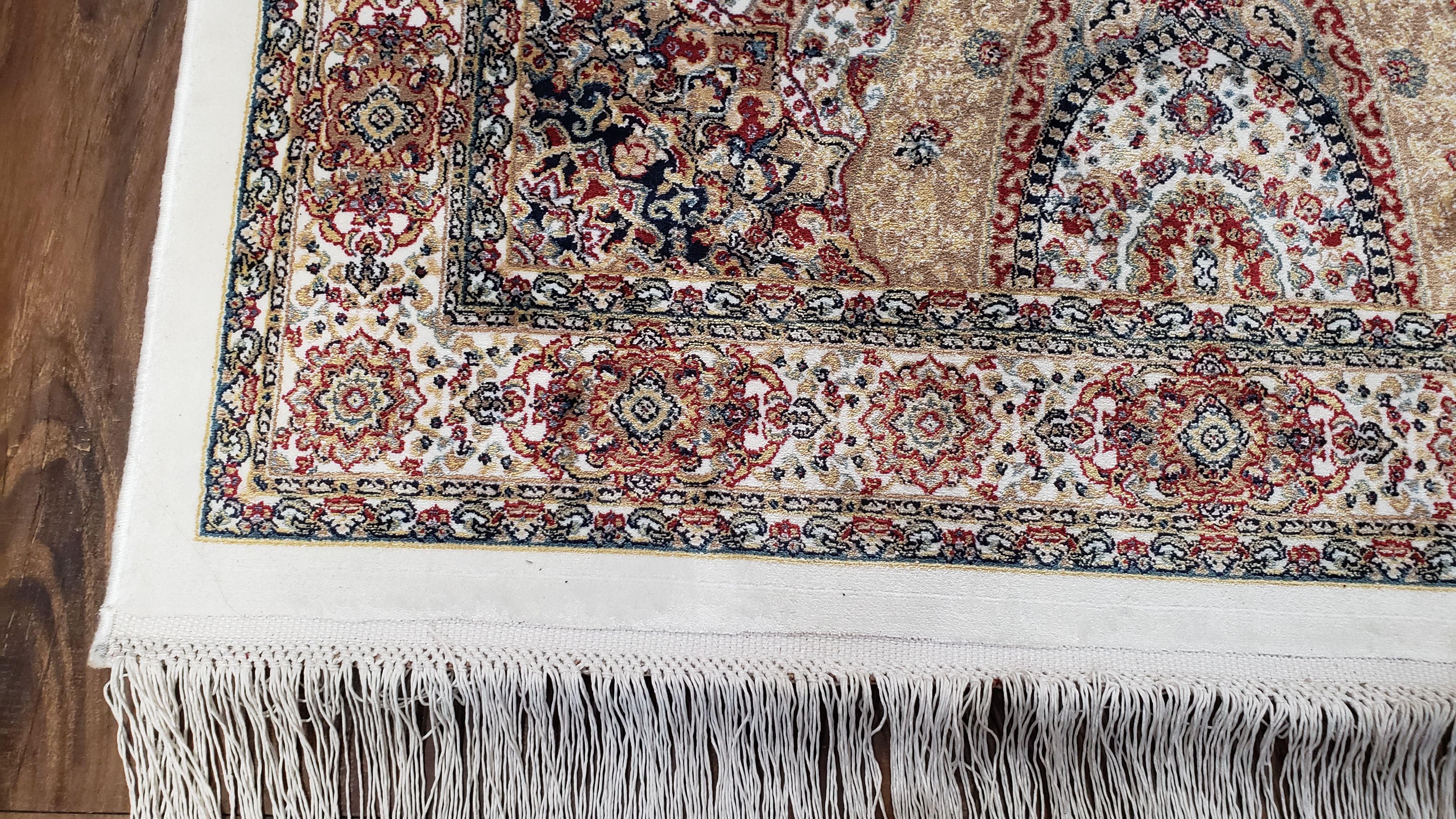 Persian Design Silk Accent Rug, Dome Medallion, Allover Pattern Oriental Carpet, Small Silk Rug, Cream, Ivory, Bamboo Silk, 2' 8" x 4' 1"