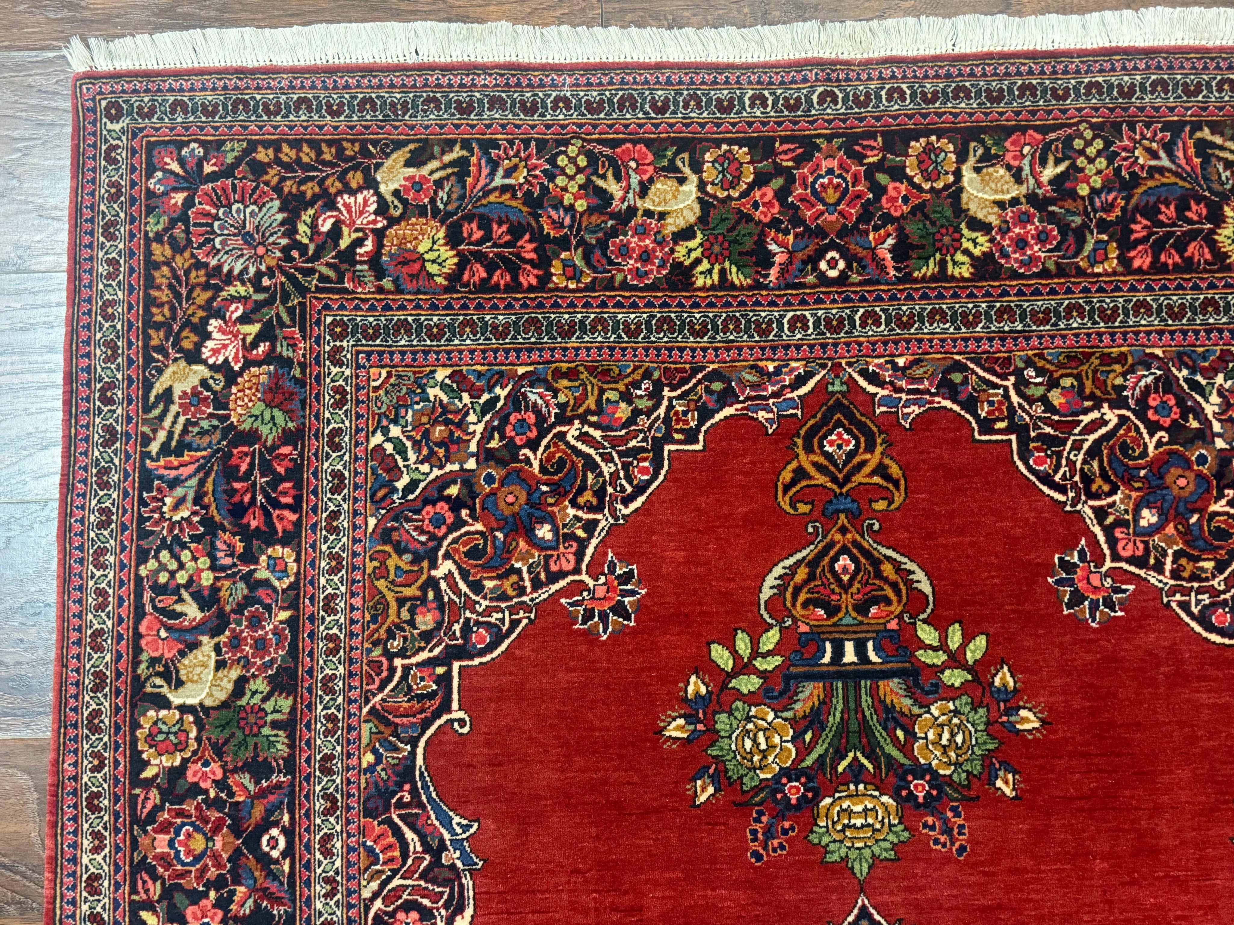 Red Persian Kashan Rug 4x6, Very Fine 260 KPSI, Red and Navy Blue Persian Carpet, Semi Open Field