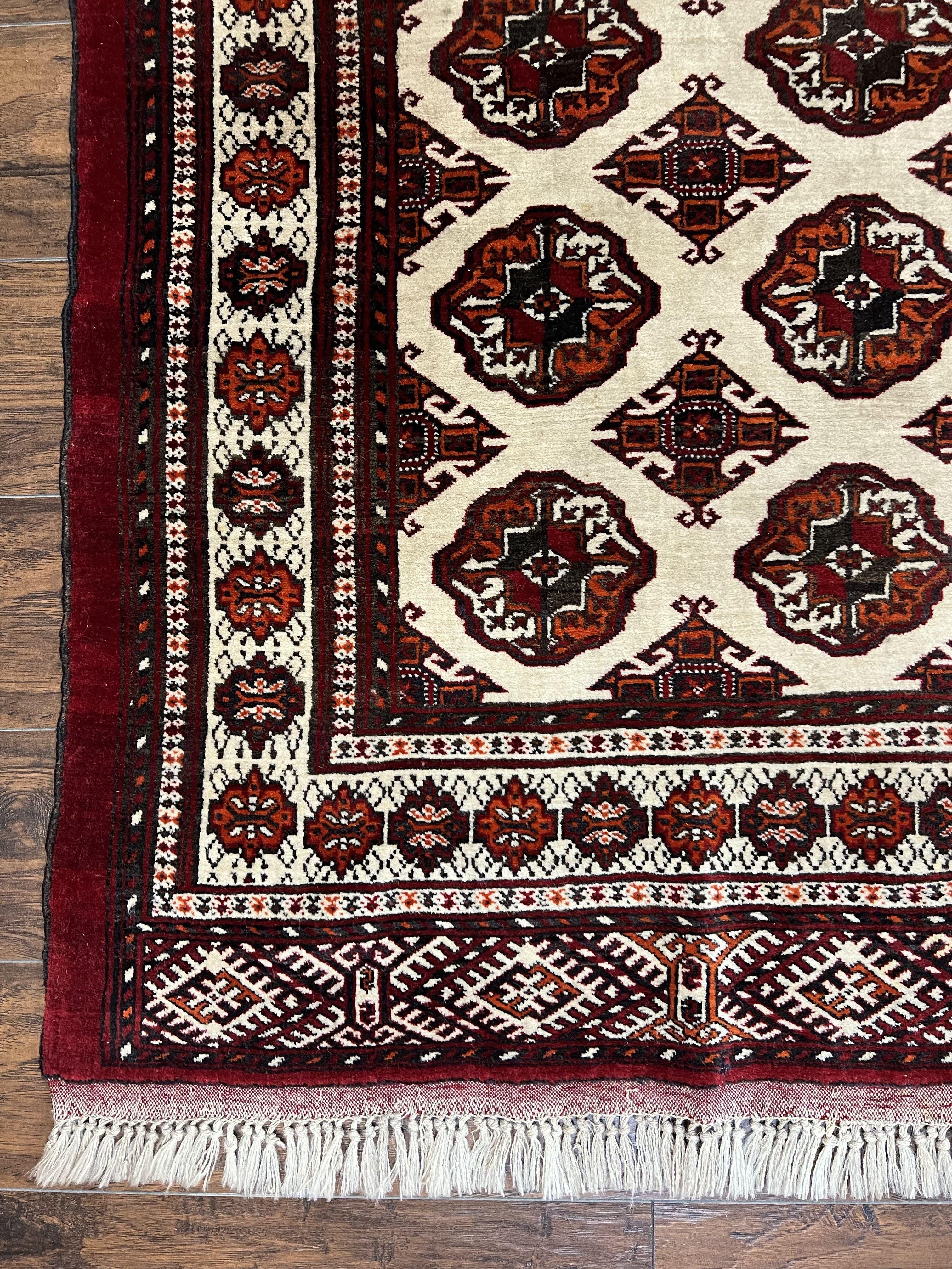 Persian Turkoman Rug 7x8, Almost Square Rare, Hand Knotted, Yamud, Bohemian Rug, Handmade Tribal Rug, Cream Red, Handmade Oriental Carpet
