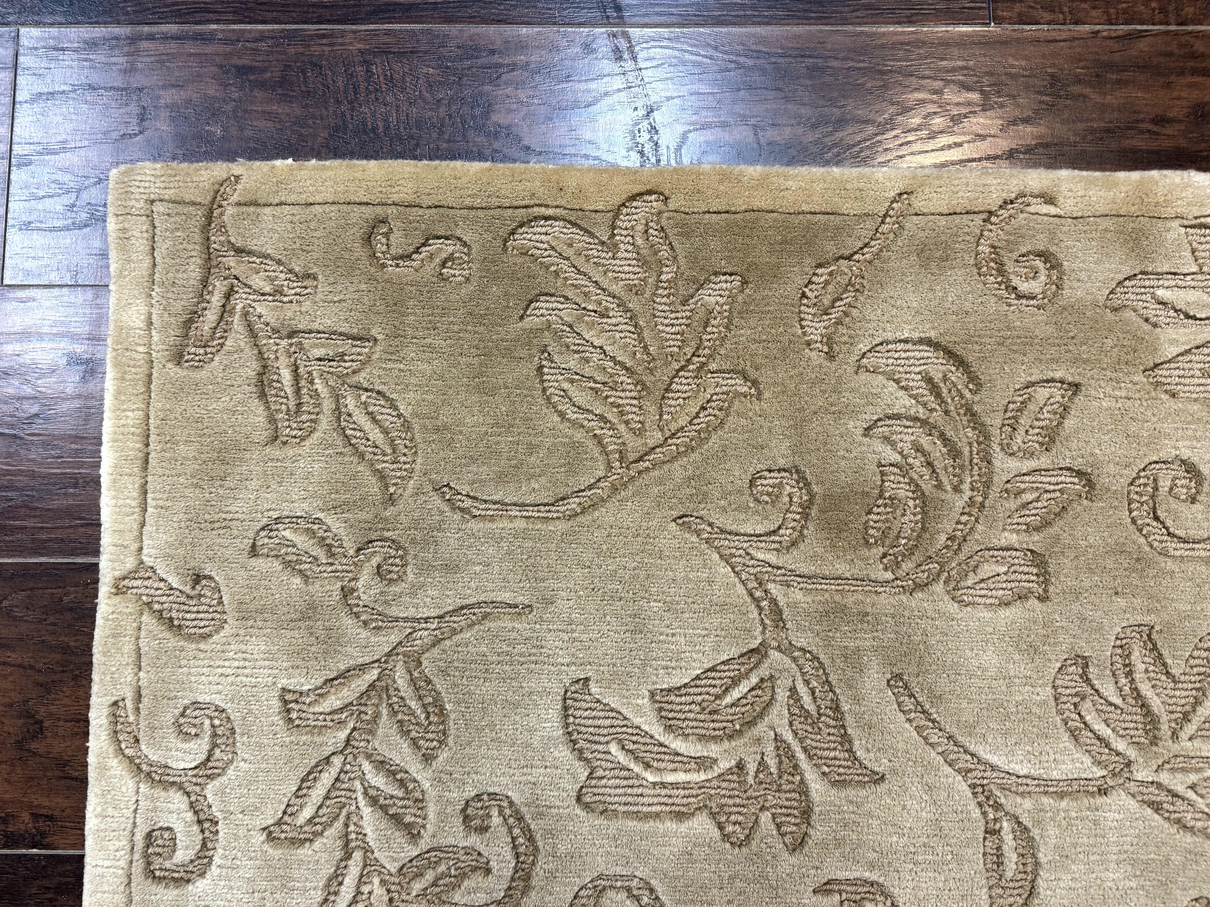 Modern Tibetan Rug 3.7 x 5.5, Carved Floral Design, Wool and Silk Highlights