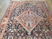 Antique Persian Mahal Area Rug 4.4 x 6.6, Wool Hand-Knotted Shabby Chic Oriental Rug, Red Black 1930s Foyer Room Carpet, Low Pile Boho Rug