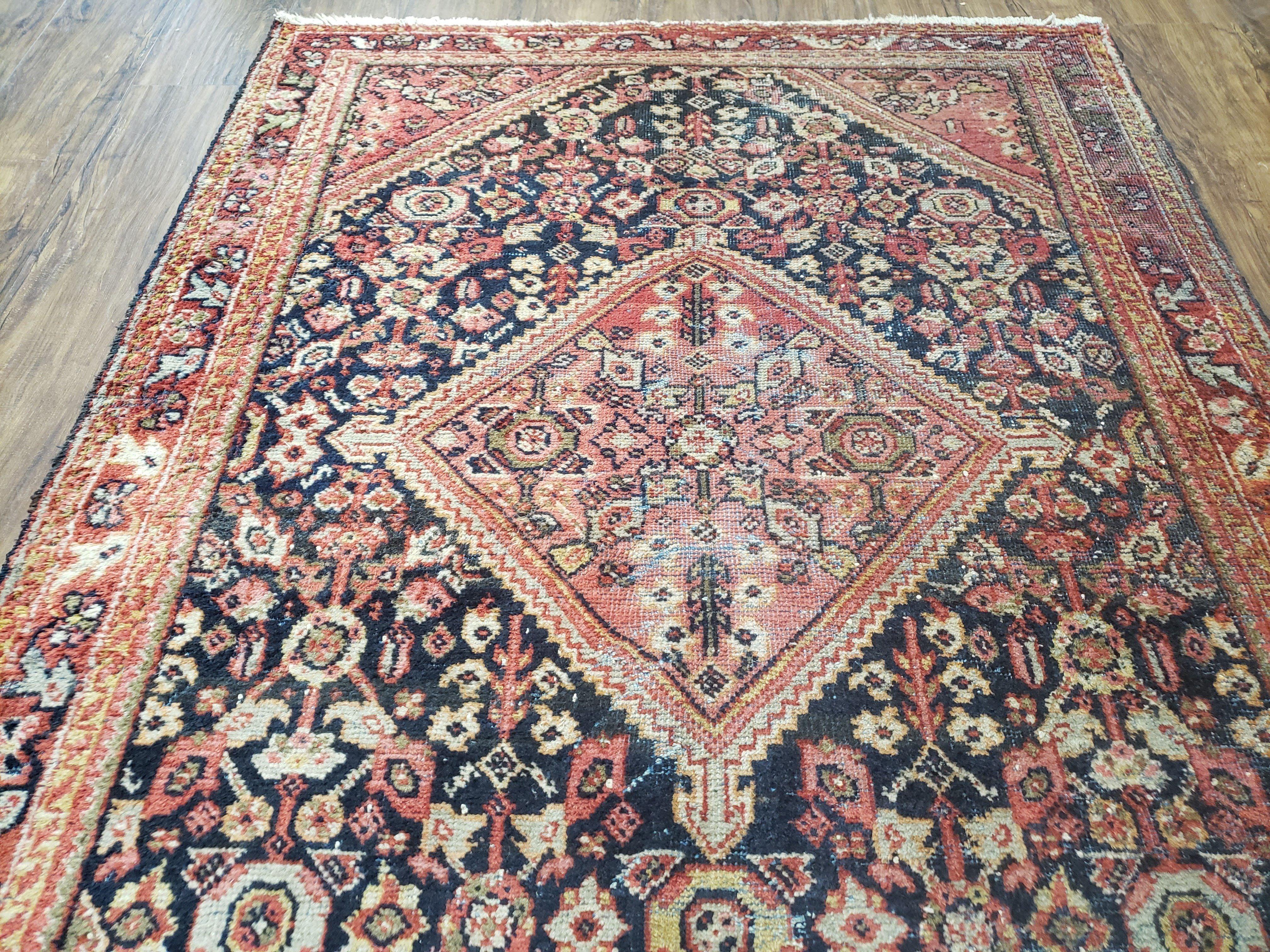 Antique Persian Mahal Area Rug 4.4 x 6.6, Wool Hand-Knotted Shabby Chic Oriental Rug, Red Black 1930s Foyer Room Carpet, Low Pile Boho Rug