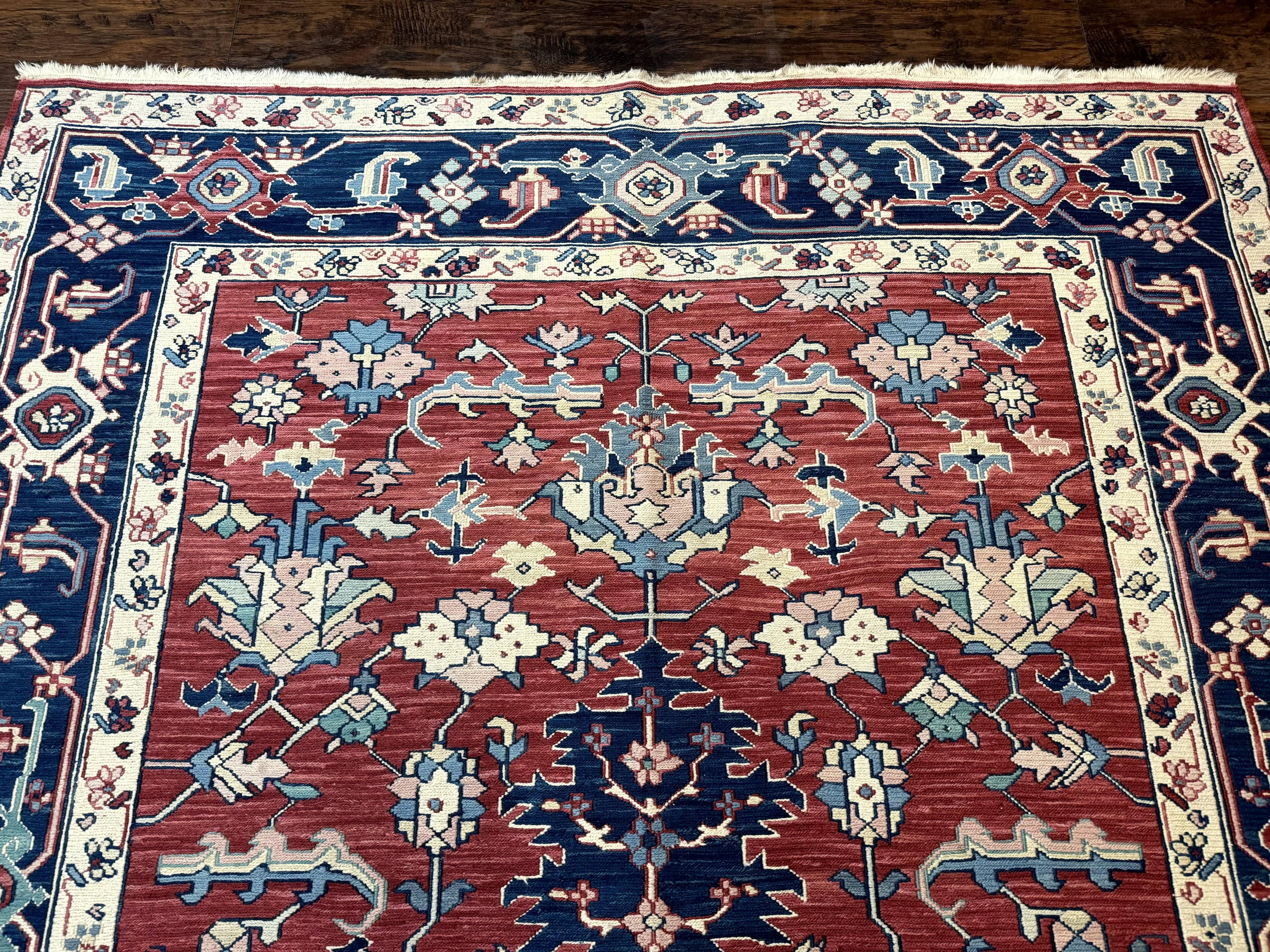 Turkish Flatweave Rug 6x9, Heriz Design, Red and Blue