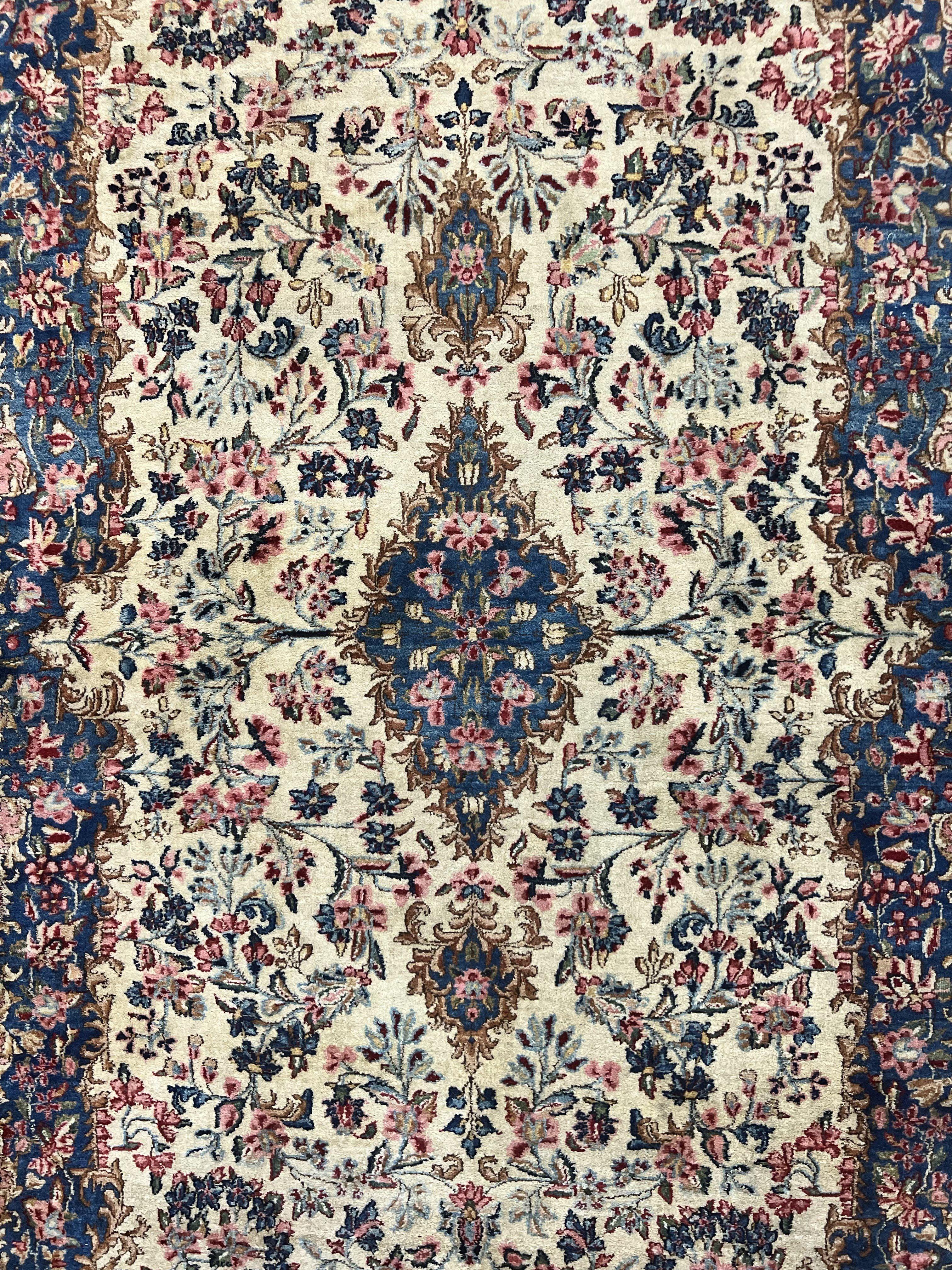 Antique Persian Kirman Rug 4x7, Cream and Navy Blue, Hand Knotted Wool Floral Carpet