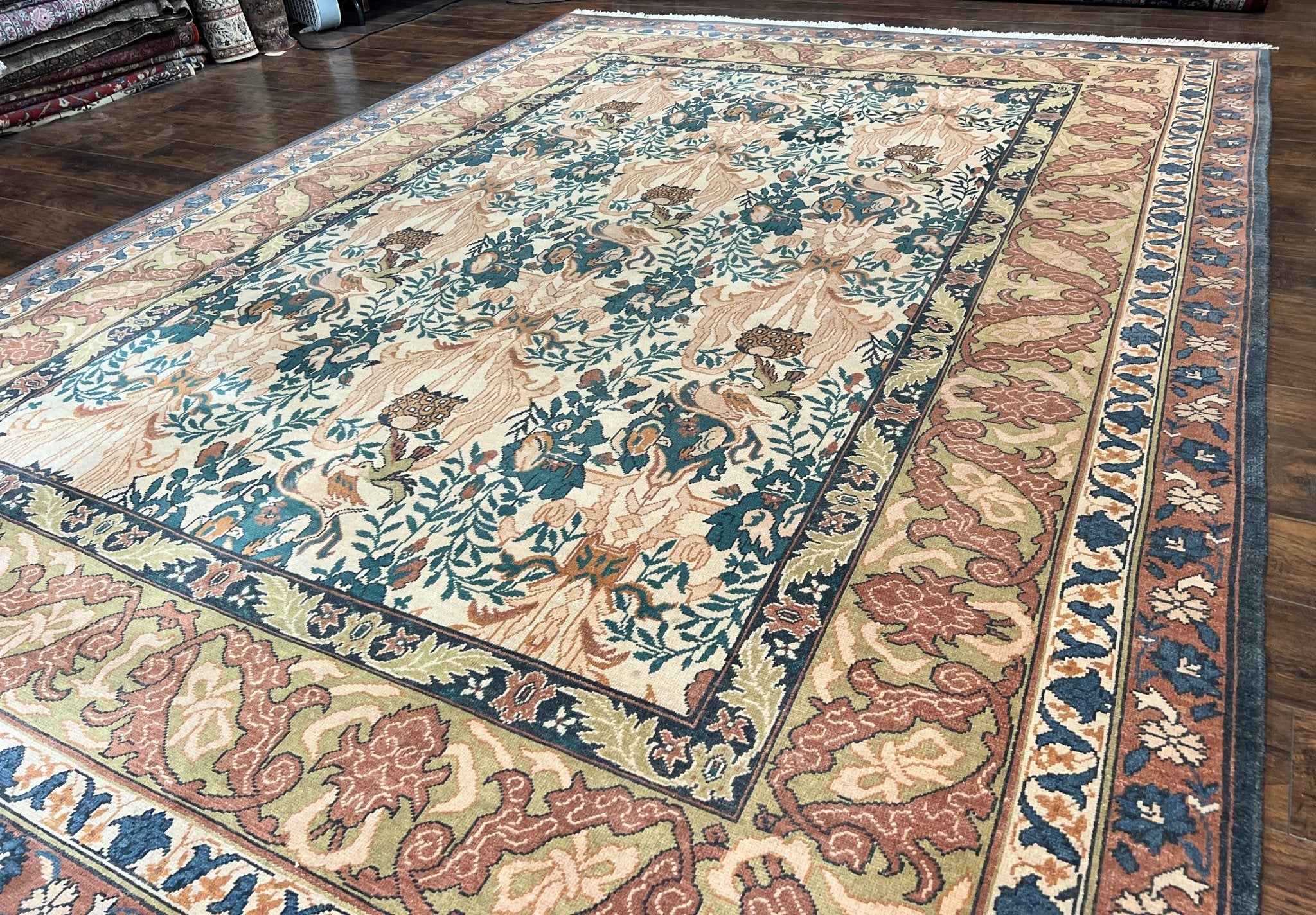 10x13 Wool Rug, Floral Pattern, Birds, Handmade Vintage Carpet, Couristan Rug, Beige - Jewel RugsShopify CollectiveHUNTEDFOX - 10x13 Wool Rug, Floral Pattern, Birds, Handmade Vintage Carpet, Couristan Rug, Beige