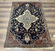Antique Persian Rug 3.5 x 5, Sarouk Farahan Rug, High Quality 1920s Fine Oriental Carpet 3 x 5 ft, Large Medallion, Floral, Navy Blue Red, Hand Knotted Wool Rug