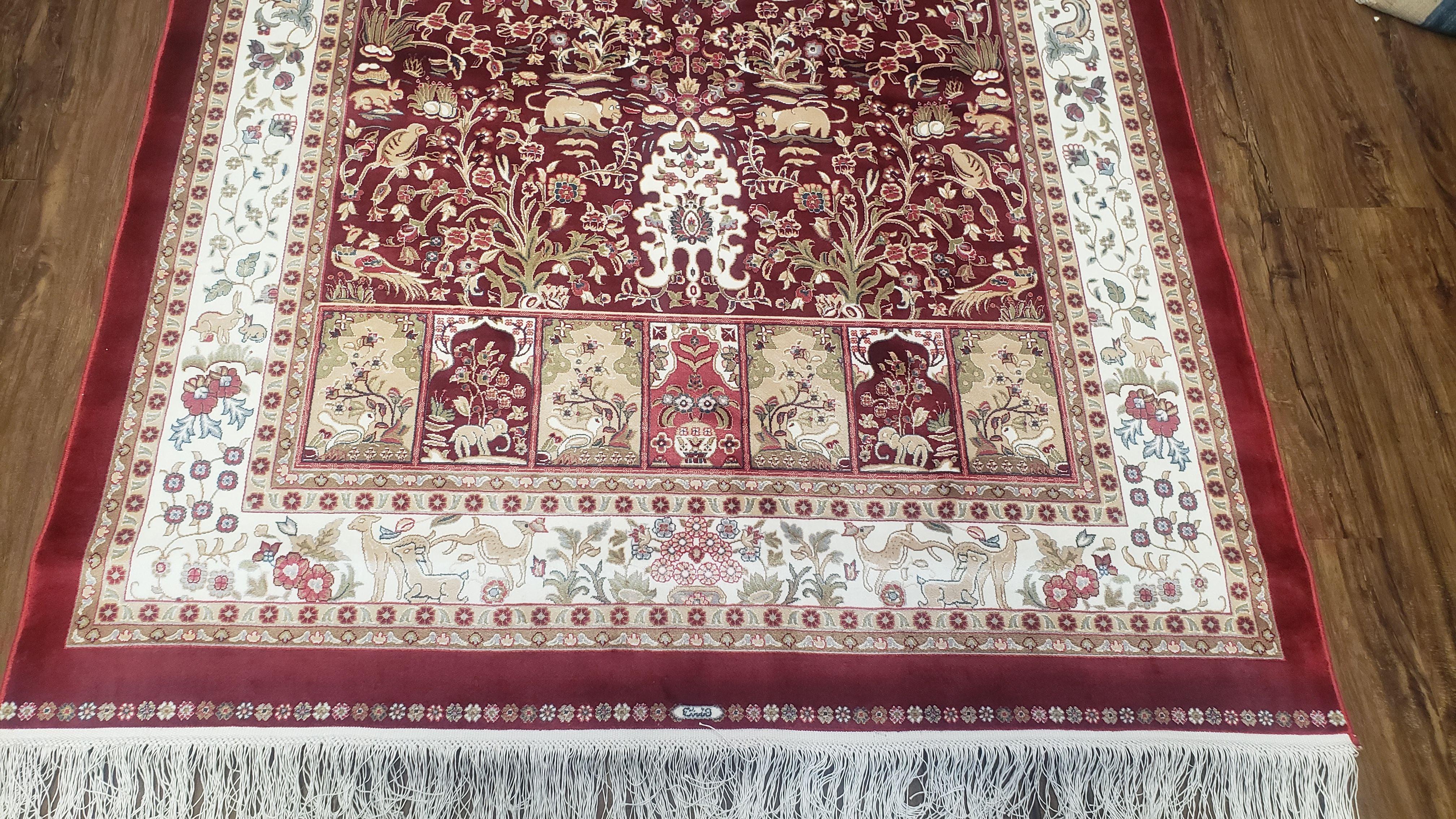 Silk Carpet 4x6 Dark Red & Cream, Tree of Life Rug, Animal Motifs, Birds Deer Rabbits, All Bamboo Silk, 4 x 6 Silk Area Rug