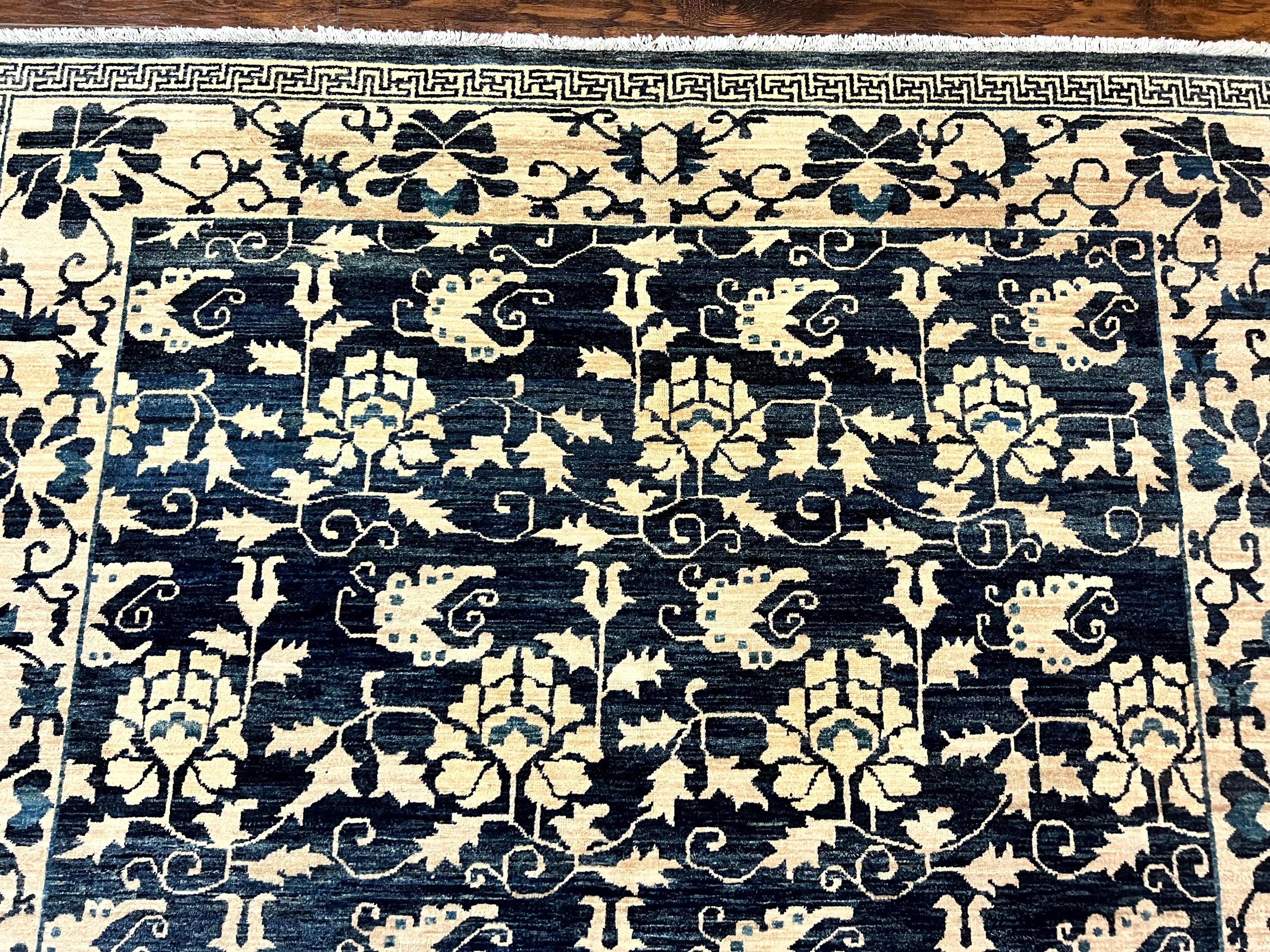 Sino Persian Rug 6x9, Hand Knotted Wool Carpet, Floral Allover, Blue Cream-Tan