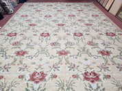 Needlepoint Rug 10x14 Wool Flatweave Carpet, English Floral Pattern, Pale Yellow, Roses, Allover Pattern, Handmade Large Needlepoint Nice