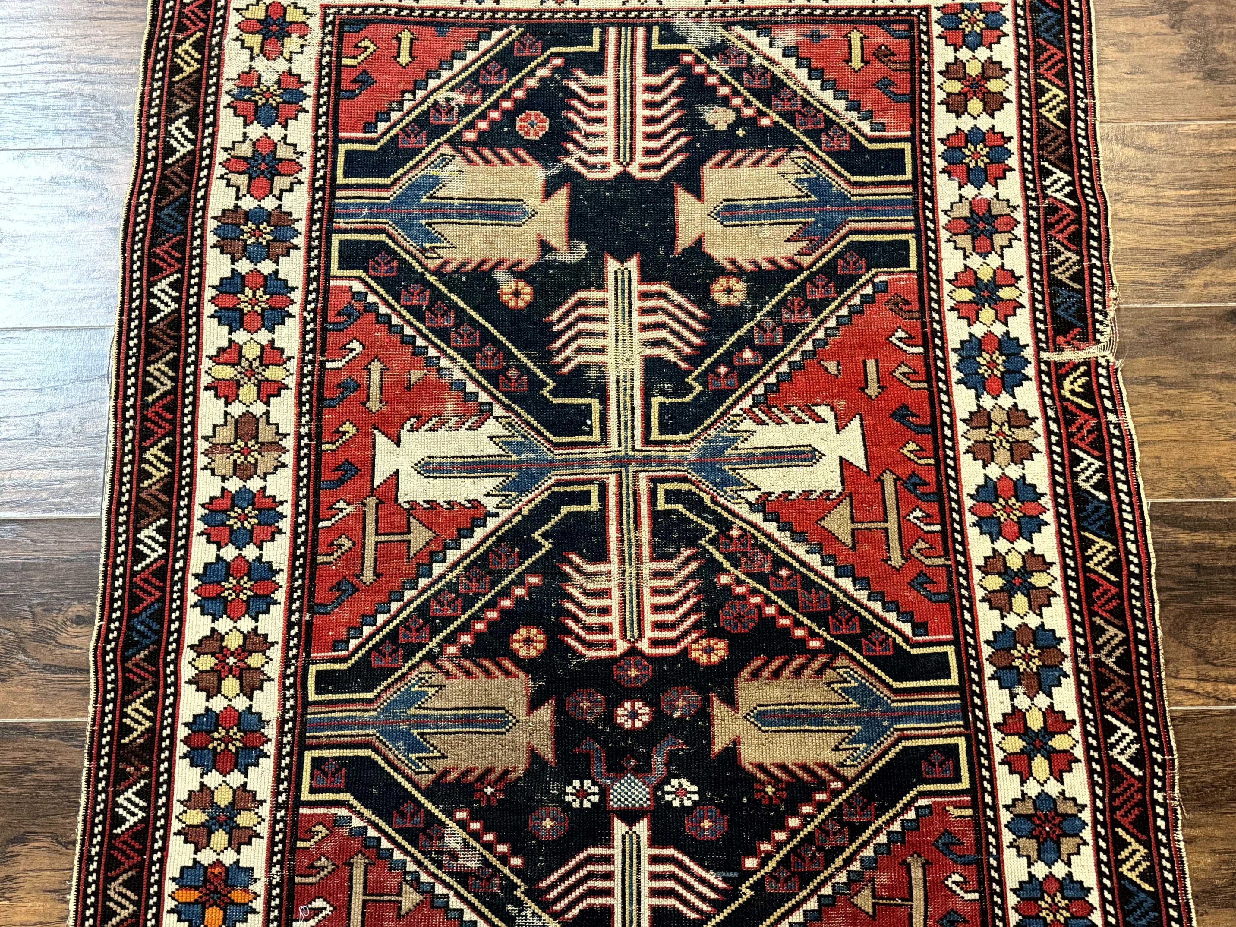 Antique Shirvan Caucasian Rug 3x5, Geometric Pattern, Red Navy Blue Beige