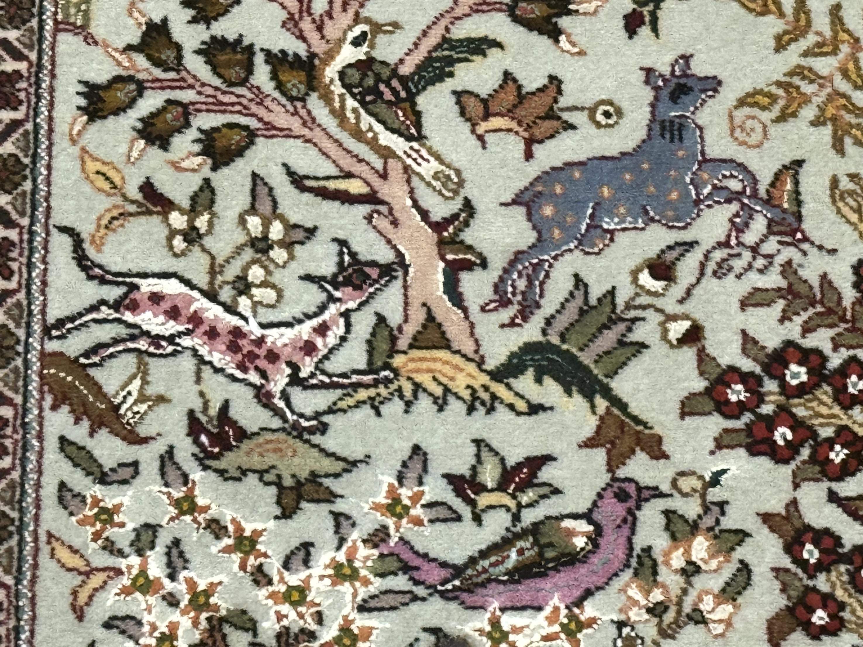 Wonderful Persian Tabriz Rug 3x5, Tree of Life, Animal Pictorials, Birds, Wool & Silk Highlights, Fine 330 KPSI