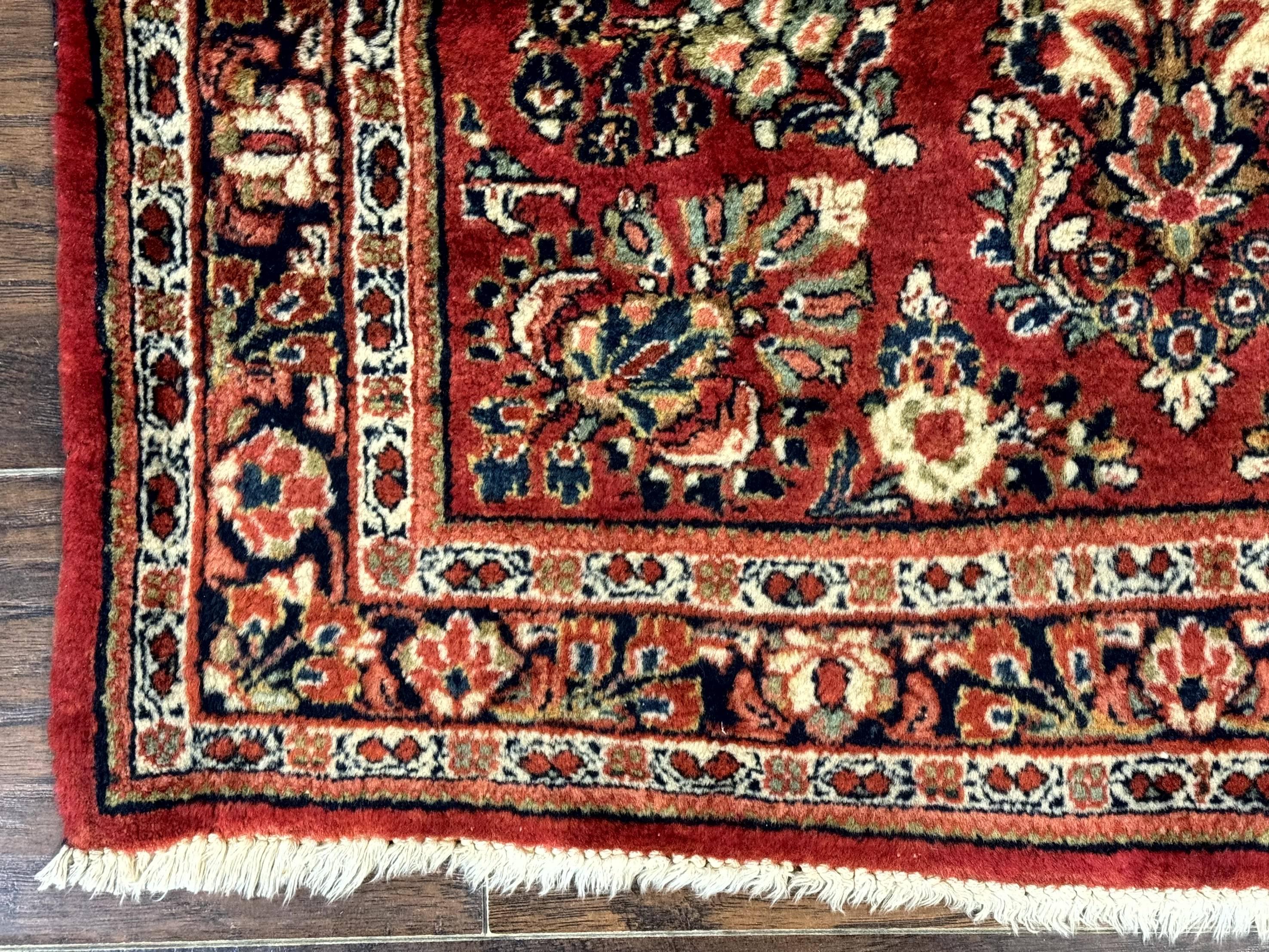 Red Persian Sarouk Rug 3 x 5.8, Antique Wool Carpet, 210 KPSI
