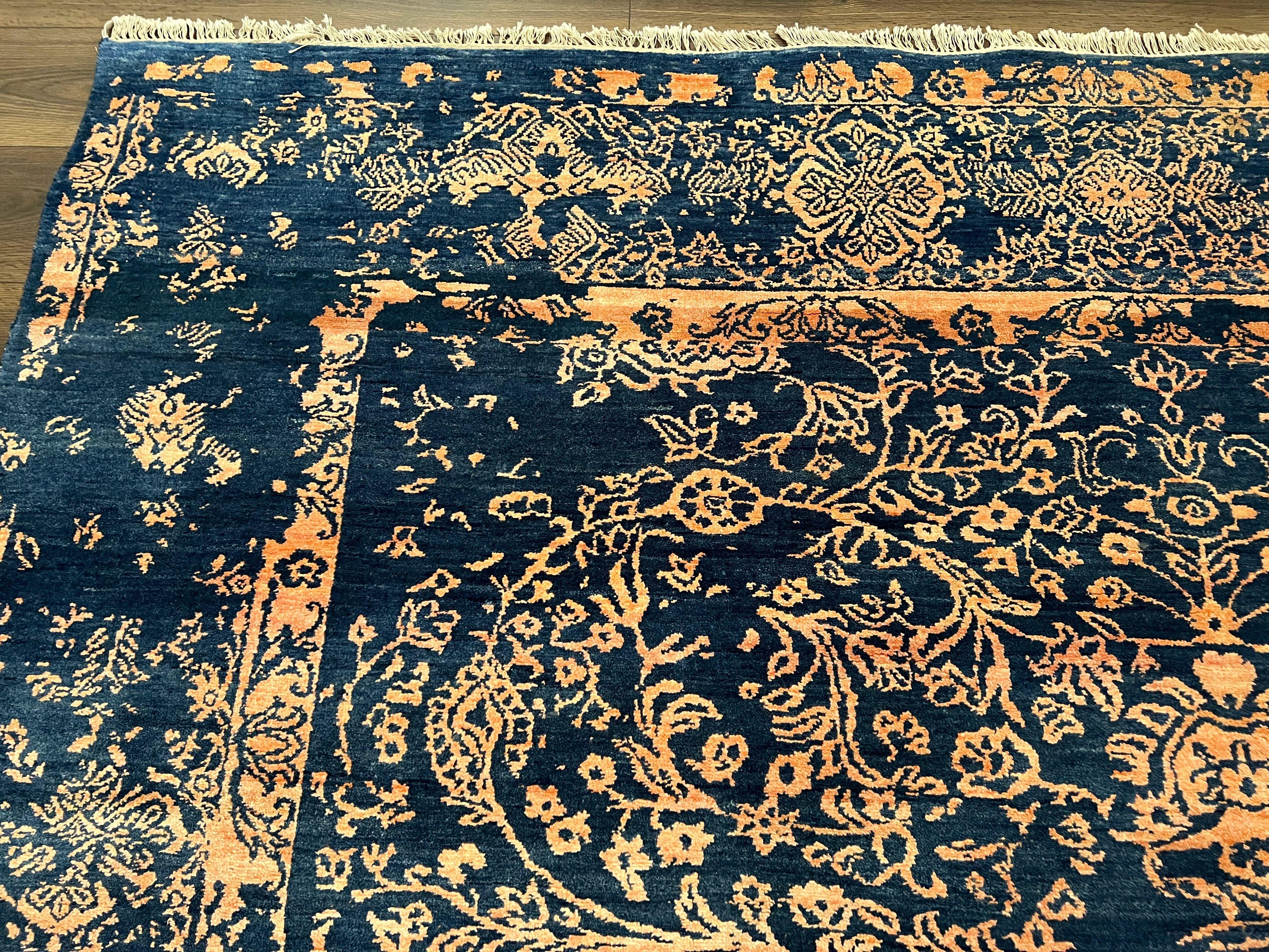 Area Rug 8x10 High Quality Handmade Oriental Carpet, Modern Contemporary Rug, Rug for Living Room, Wool Rug, Blue and Gold, Pakistani Rug