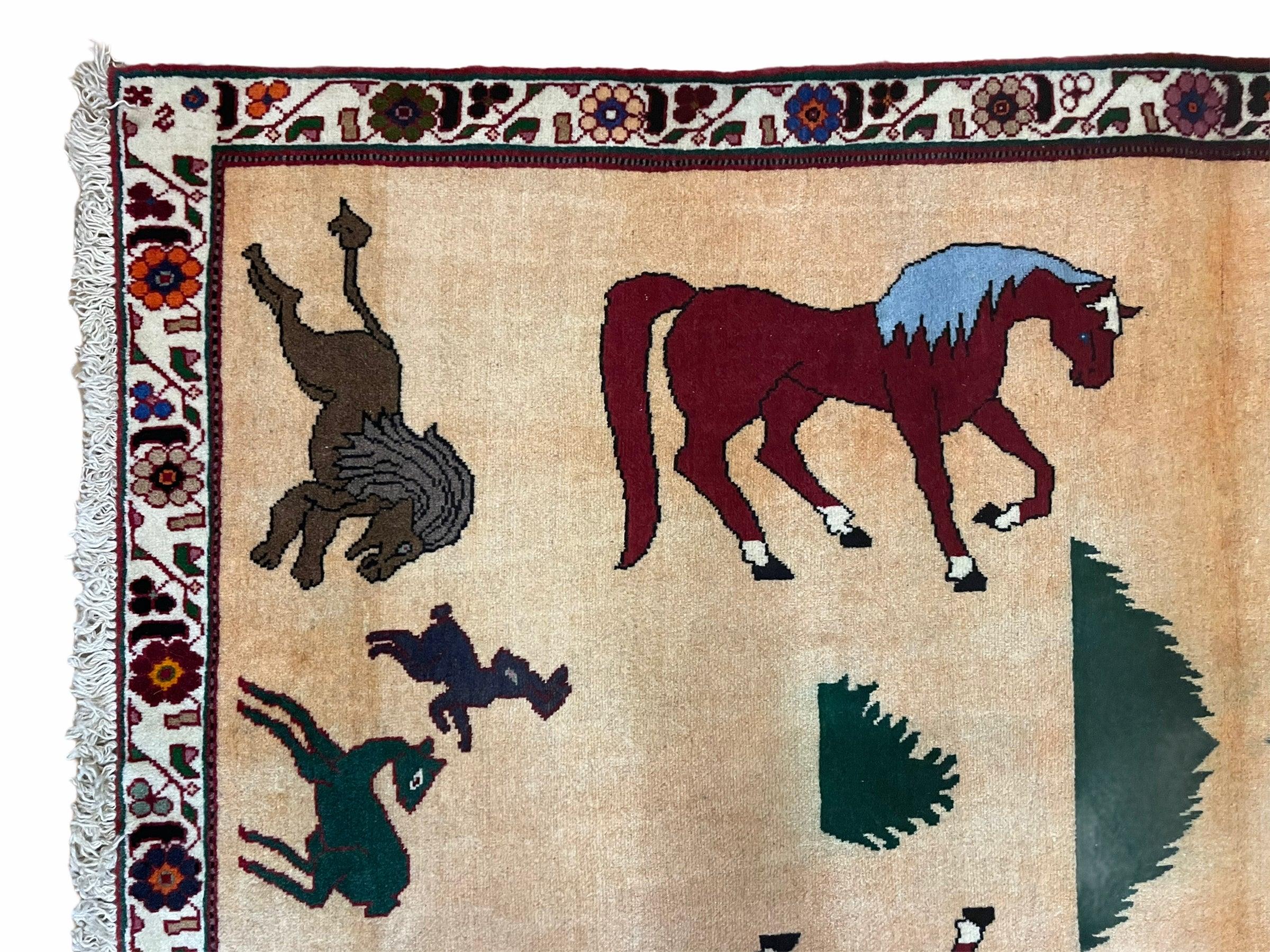 4x6 Rug Handmade Zagros Quality Wool Horses Tribal Hand-Knotted Rug Veggie Dye