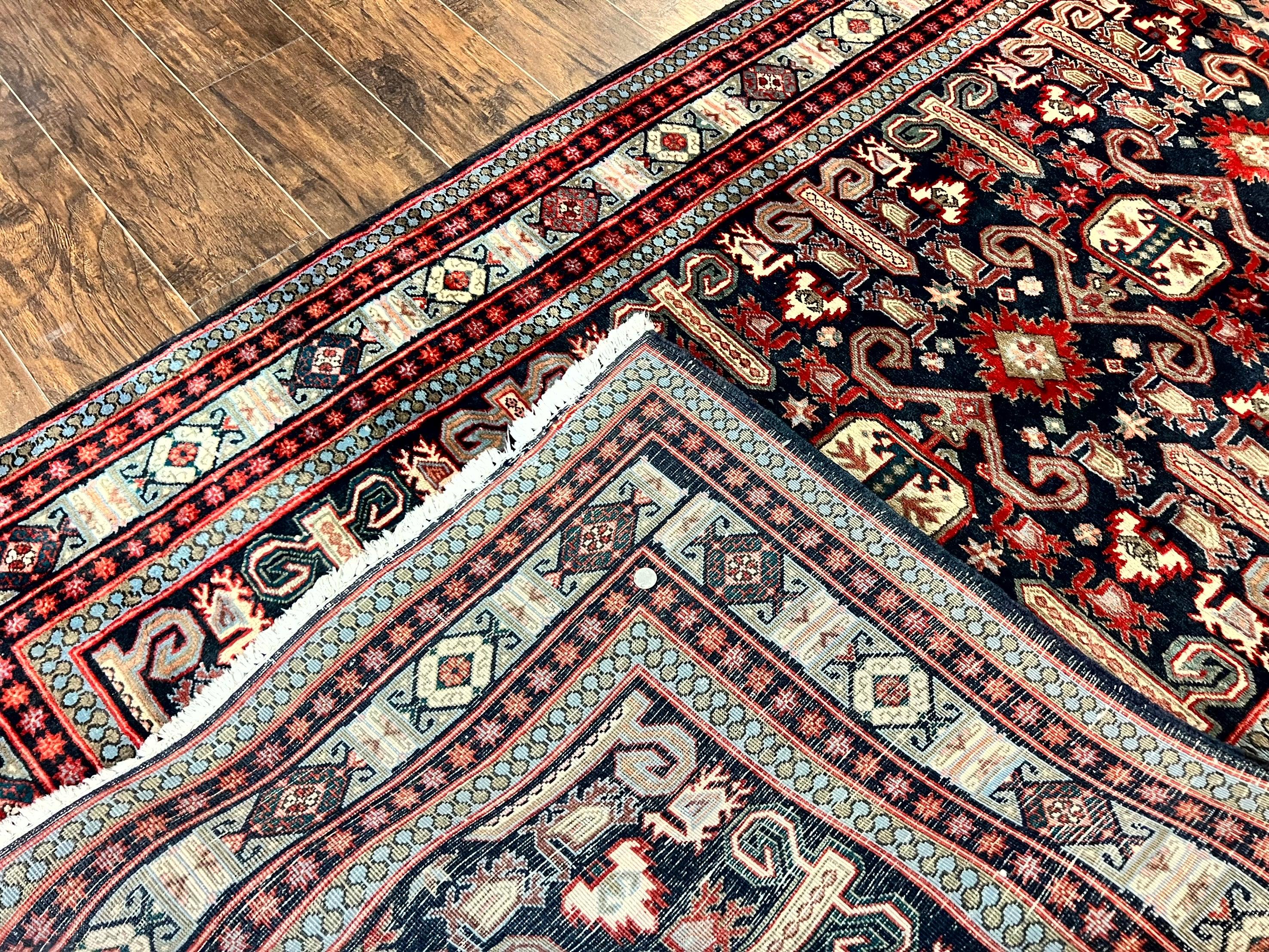 Persian Wide Runner Rug 4.8 x 10, Persian Kalegi Ardabil Rug, Perpedil Caucasian Rug, Antique Handmade Wool Carpet, Navy Blue Red, Tribal Rug