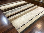 Modern Tibetan Nepali Rug 8x12, Stripe Pattern, Wool with Silk Highlights, Handmade, Beige Tan Brown