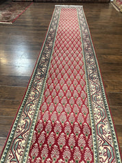 Persian Tabriz Runner Rug 3x16, Paisley Boteh Design, Red and Cream, Rug for Hallway, 16ft Wool Runner