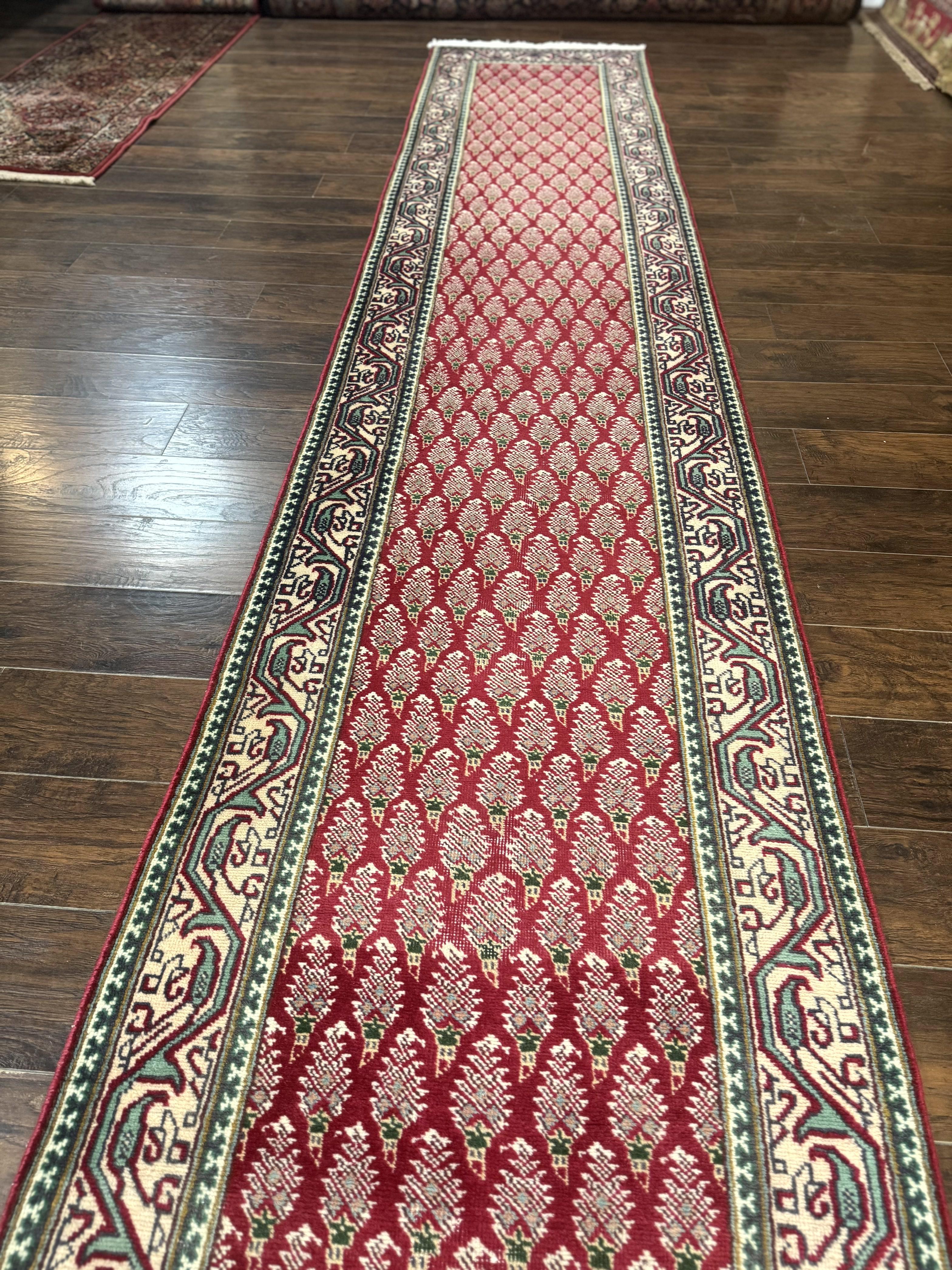 Persian Tabriz Runner Rug 3x16, Paisley Boteh Design, Red and Cream, Rug for Hallway, 16ft Wool Runner