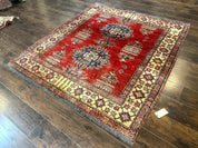 Square Turkish Rug 6x6, Azerbaijani Azeri Turkish Armenian Rug, Red Tan Blue, Geometric, Wool Carpet