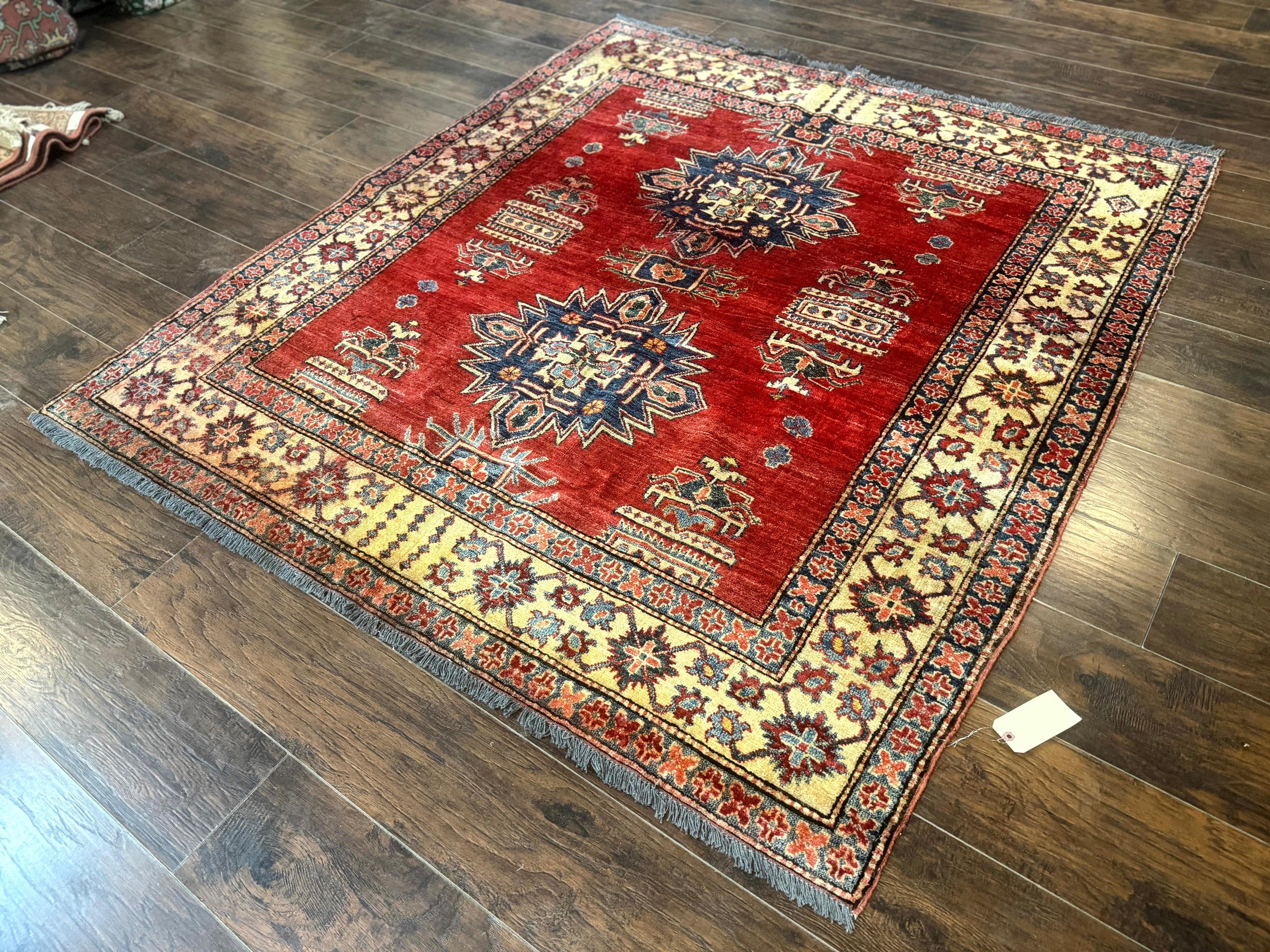Square Turkish Rug 6x6, Azerbaijani Azeri Turkish Armenian Rug, Red Tan Blue, Geometric, Wool Carpet