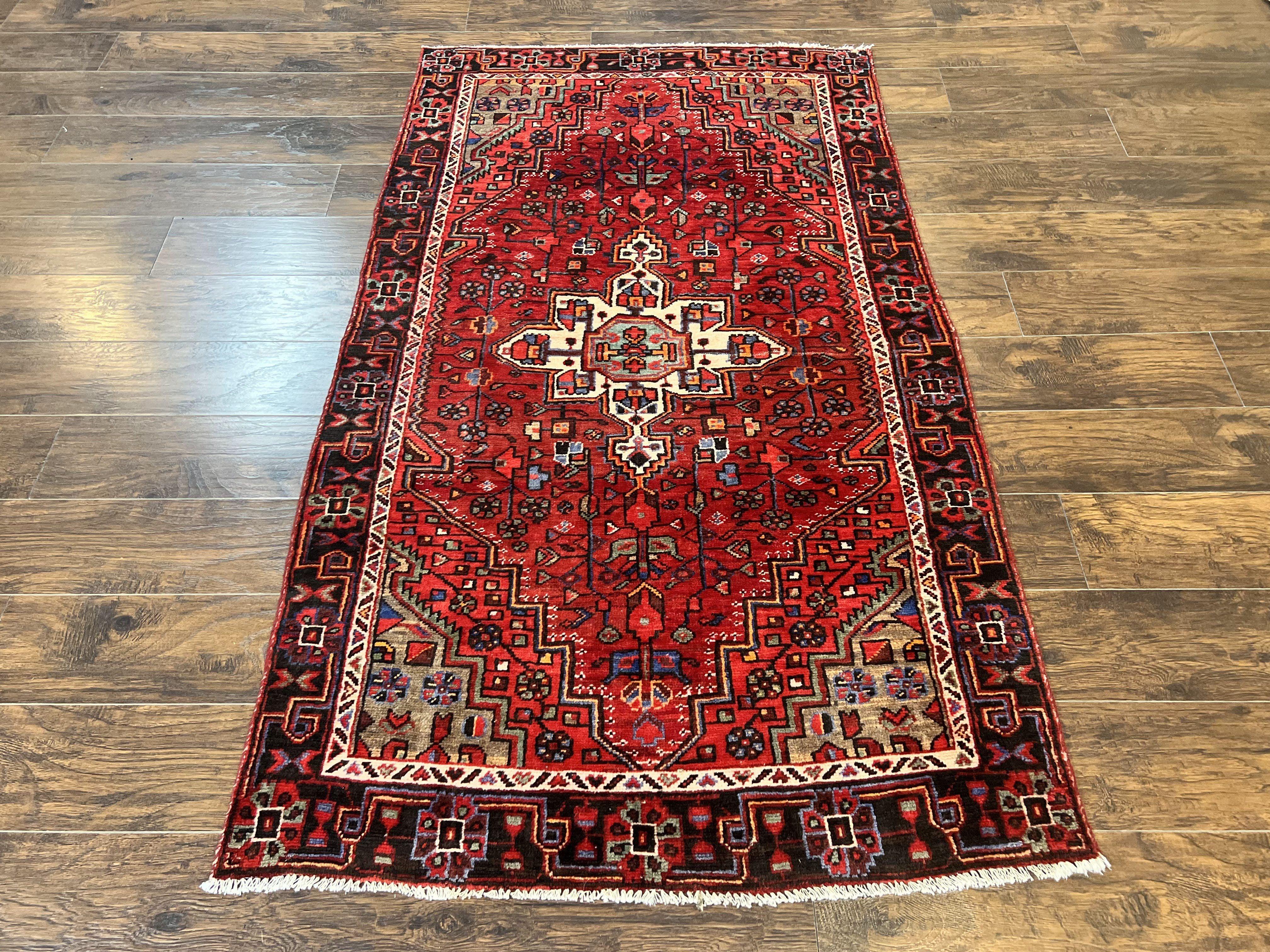 Antique Persian Tribal Rug 4x7, Red, Geometric Medallion, Handmade, Wool, Persian Zanjan Rug