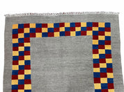 Gray Kilim Carpet, Yellow, Red, Blue Checkerboard Pattern, Flatweave, New, Geometric, Hand-Knotted, Wool, Turkish Area Rug, 5' 9" x 7' 9"