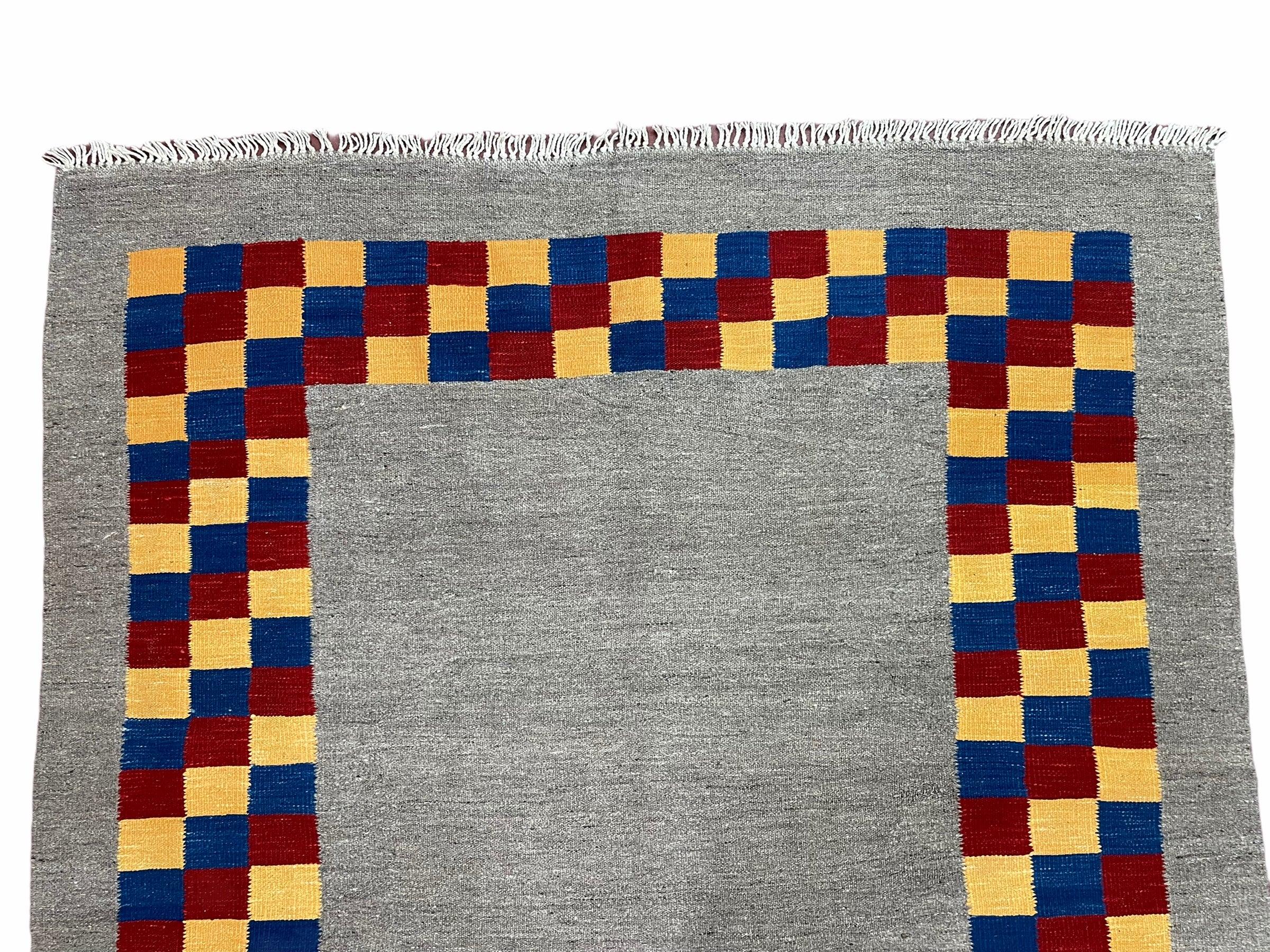 Gray Kilim Carpet, Yellow, Red, Blue Checkerboard Pattern, Flatweave, New, Geometric, Hand-Knotted, Wool, Turkish Area Rug, 5' 9" x 7' 9"