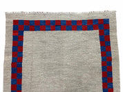 5' 7" x 7' 9" Geometric Kilim Carpet, Gray, Handmade, Hand-Knotted Area Rug, Blue & Red, Flatweave, Wool, New, Checkerboard Pattern