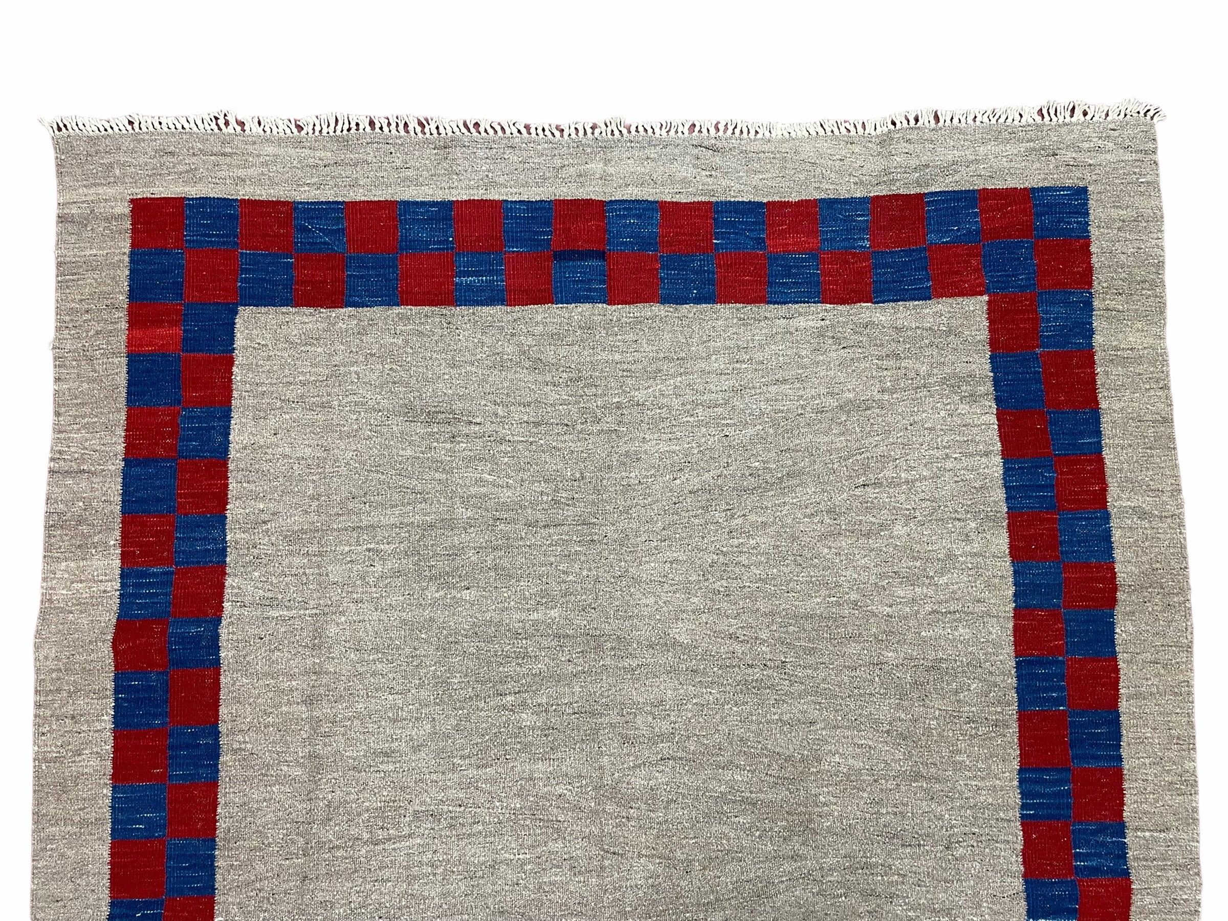 5' 7" x 7' 9" Geometric Kilim Carpet, Gray, Handmade, Hand-Knotted Area Rug, Blue & Red, Flatweave, Wool, New, Checkerboard Pattern