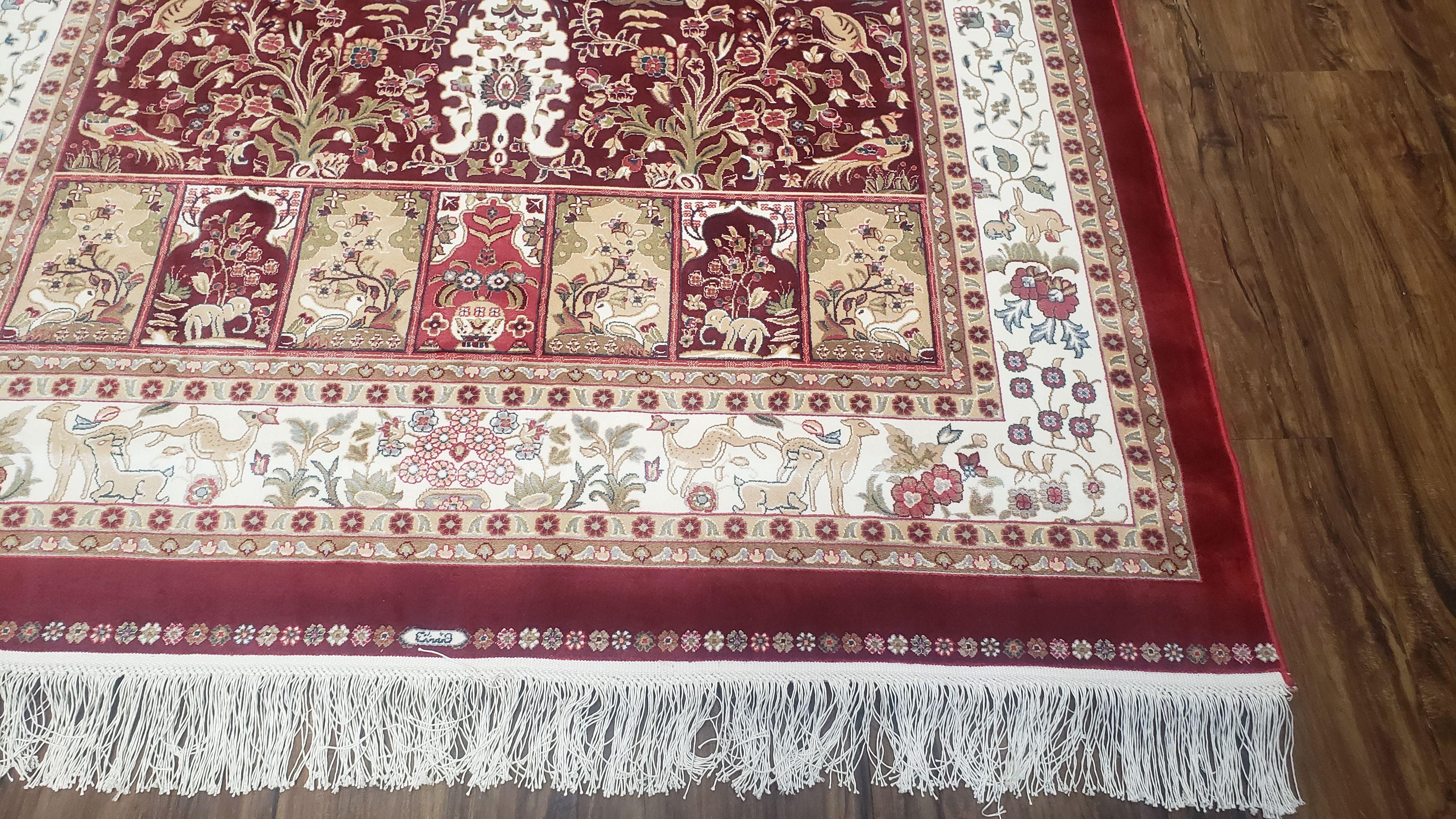 Silk Carpet 4x6 Dark Red & Cream, Tree of Life Rug, Animal Motifs, Birds Deer Rabbits, All Bamboo Silk, 4 x 6 Silk Area Rug