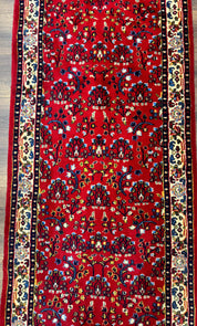 Indo Persian Sarouk Runner Rug 3 x 12, Red and Cream, Allover Pattern, 12ft Runner, Hand Knotted