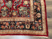 Rare Persian Almost Square Rug 6.3 x 5.3, Hand Knotted Wool Antique 1920s Sarouk Oriental Carpet, Red Navy Blue Beige, Floral Allover, 5x6 Area Rug