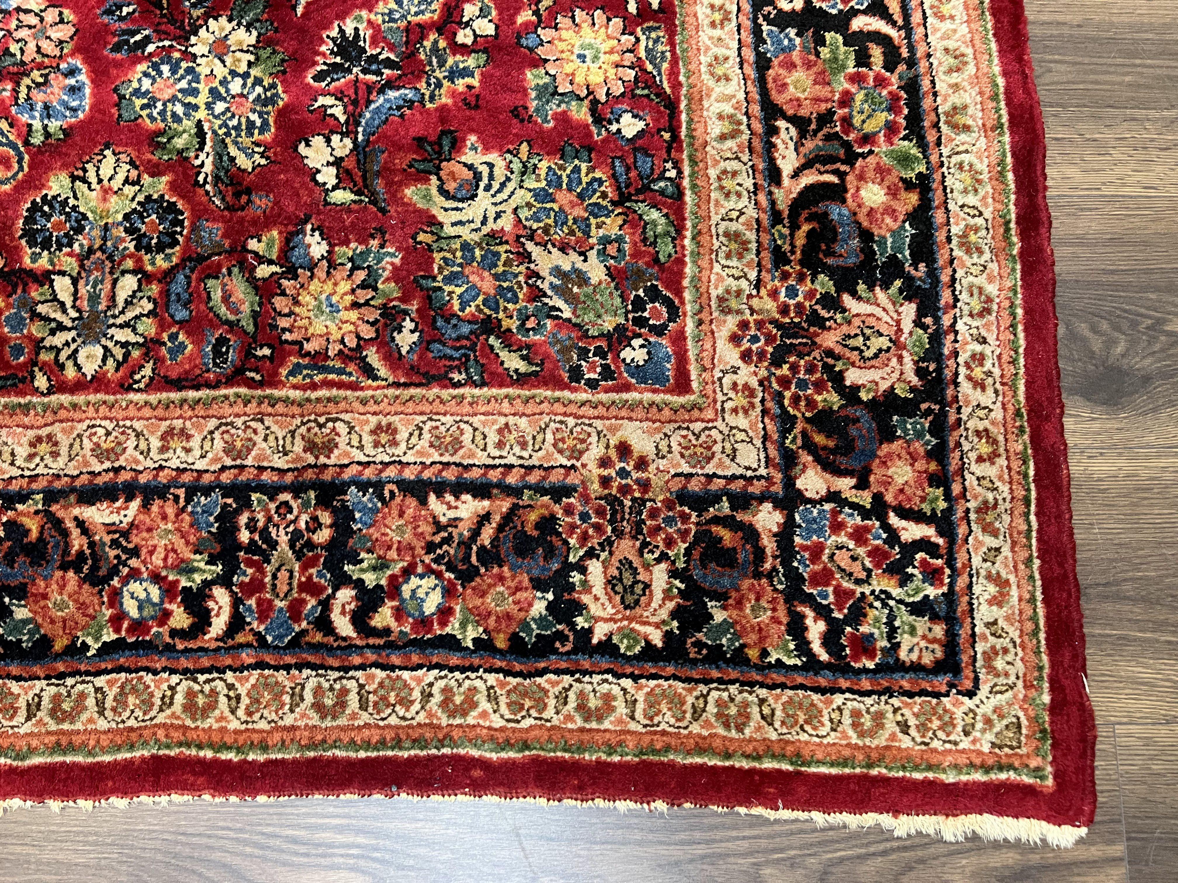 Rare Persian Almost Square Rug 6.3 x 5.3, Hand Knotted Wool Antique 1920s Sarouk Oriental Carpet, Red Navy Blue Beige, Floral Allover, 5x6 Area Rug