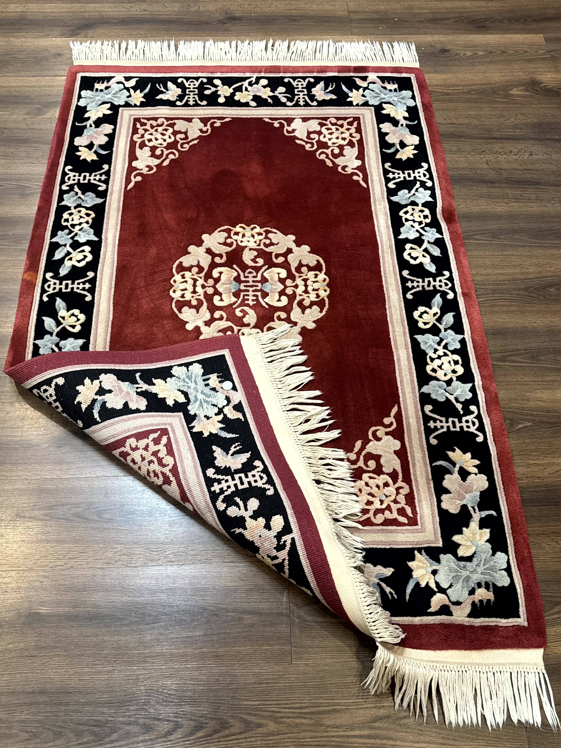 Chinese Wool Rug 4x6, Maroon and Black, Butterflies, Chinese Oriental Carpet, 90 Line Rug