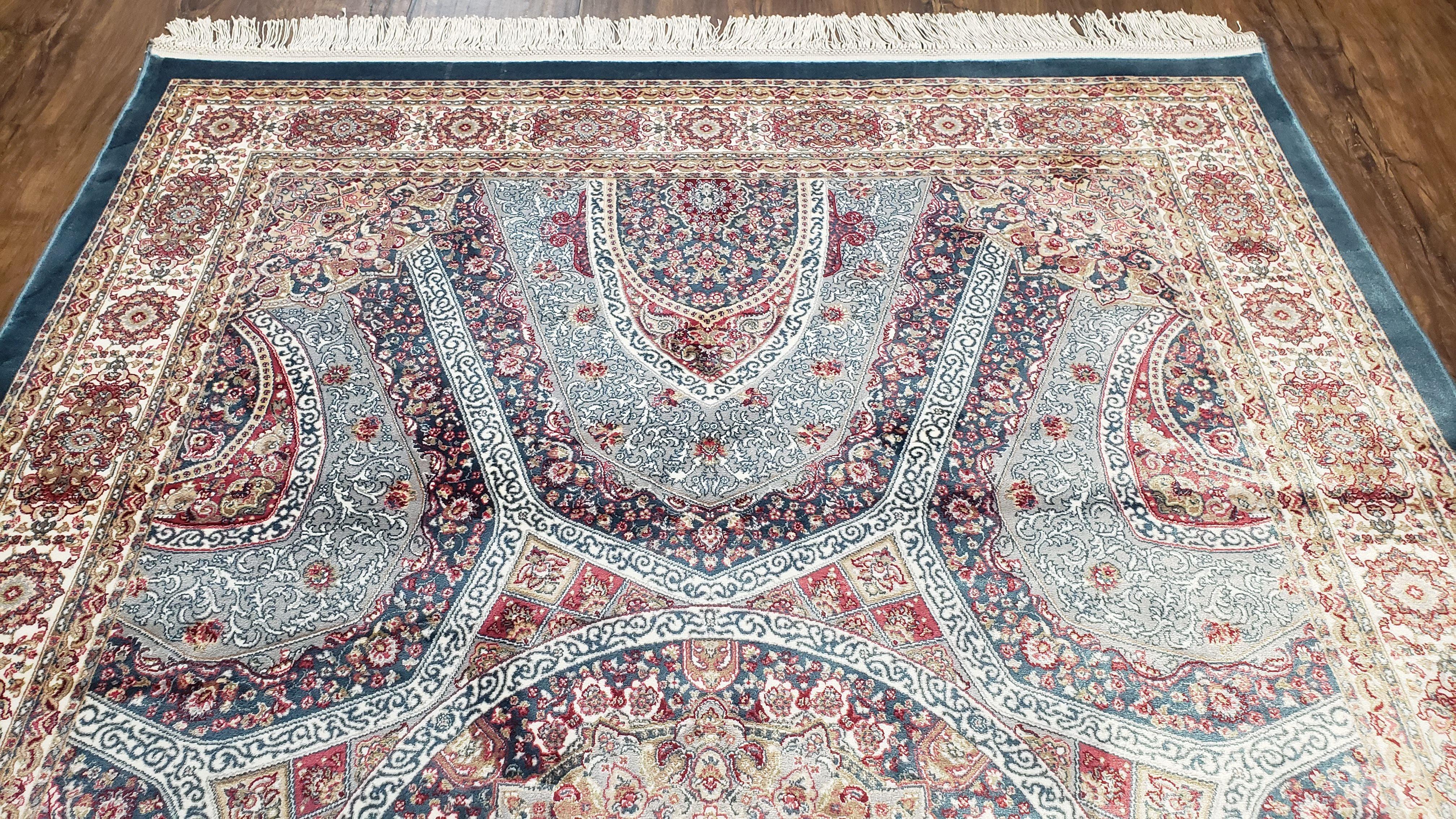 4x6 Silk Carpet, Light Blue & Beige Oriental Rug 4 x 6ft, Traditional Design Medallion All Over, Bamboo Silk, Super Fine, High Quality, Soft